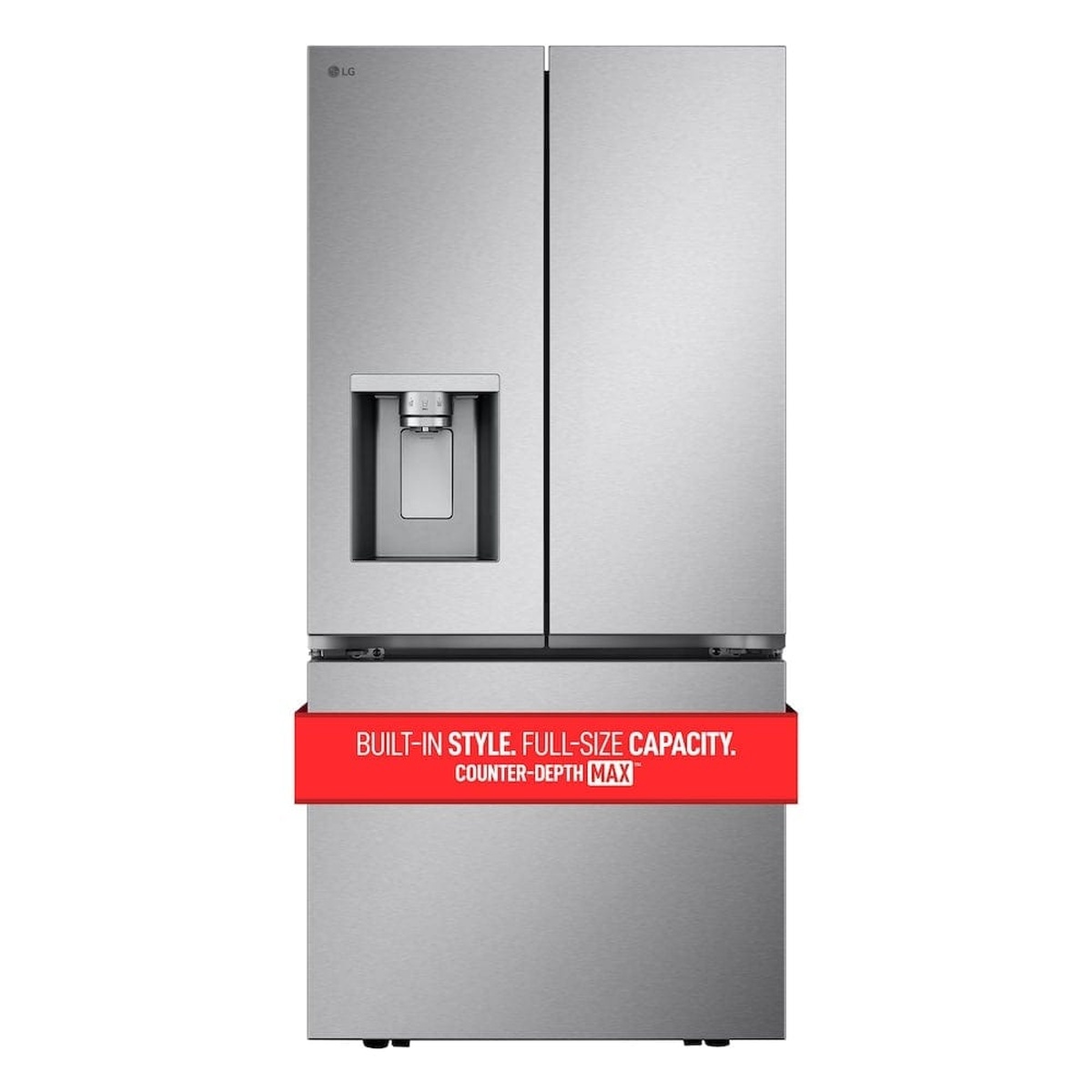 Front view of the LG French door refrigerator with an external dispenser and a banner that reads built-in style, full-size capacity, counter-depth max