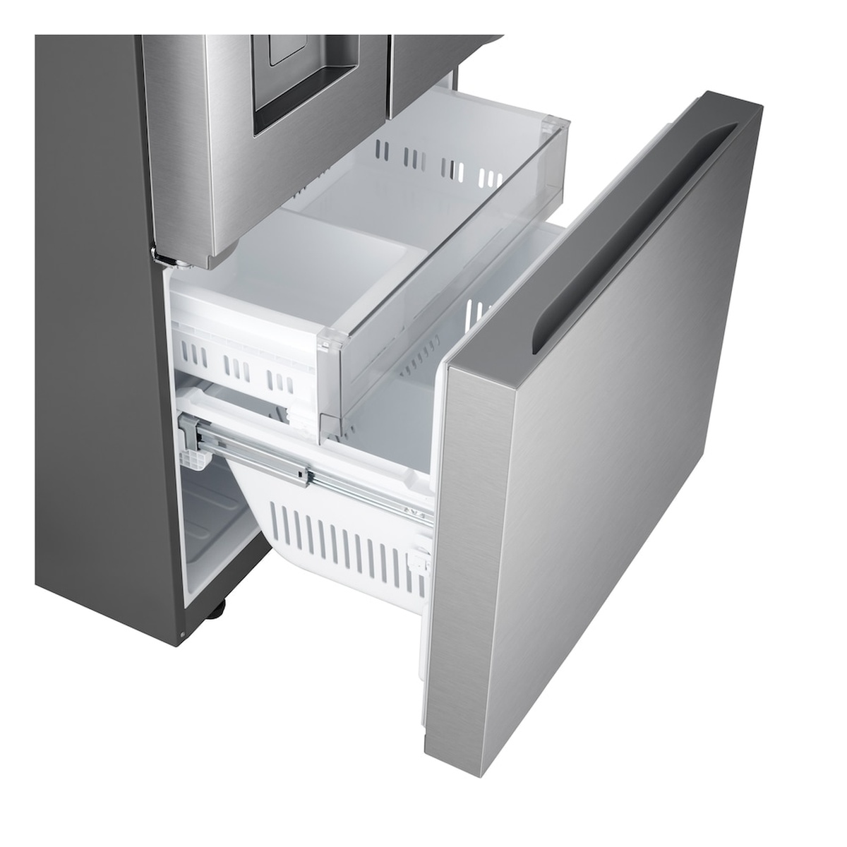 Close-up of the bottom freezer drawer pulled open, showing two storage baskets