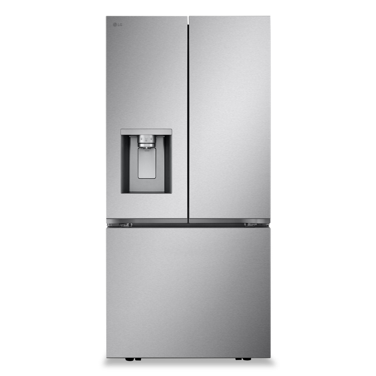Front view of an LG stainless steel French-door refrigerator with an exterior ice and water dispenser and bottom freezer drawer