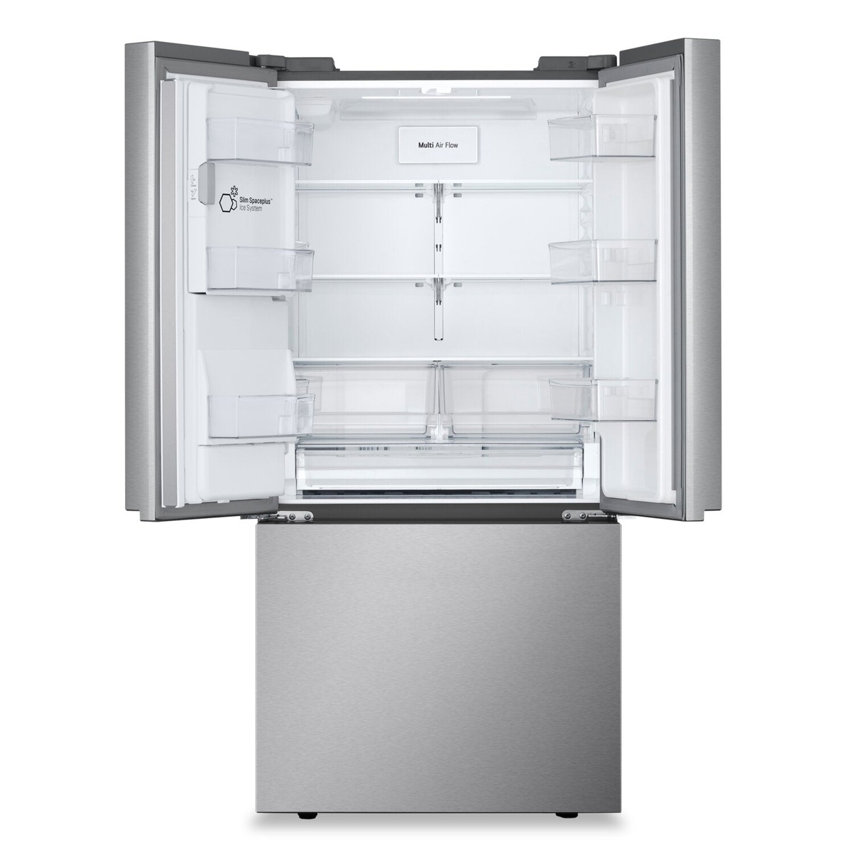 Open LG French-door refrigerator interior showing adjustable shelves, door bins, and a full-width drawer; Multi Air Flow and Slim SpacePlus Ice System labels are visible
