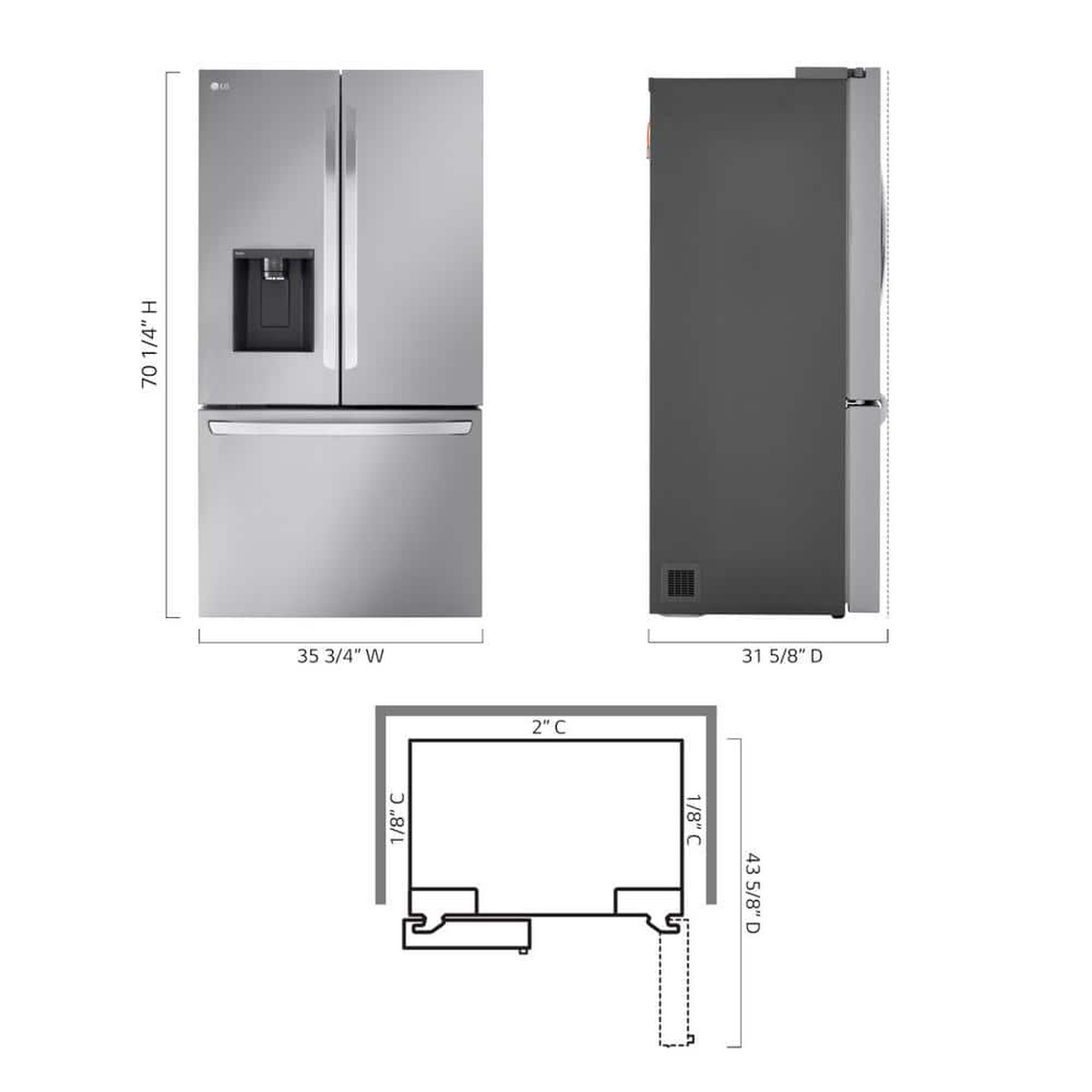 Dimension diagram showing the LG LRFXC2606S French door refrigerator front and side views with labeled height, width, and depth measurements