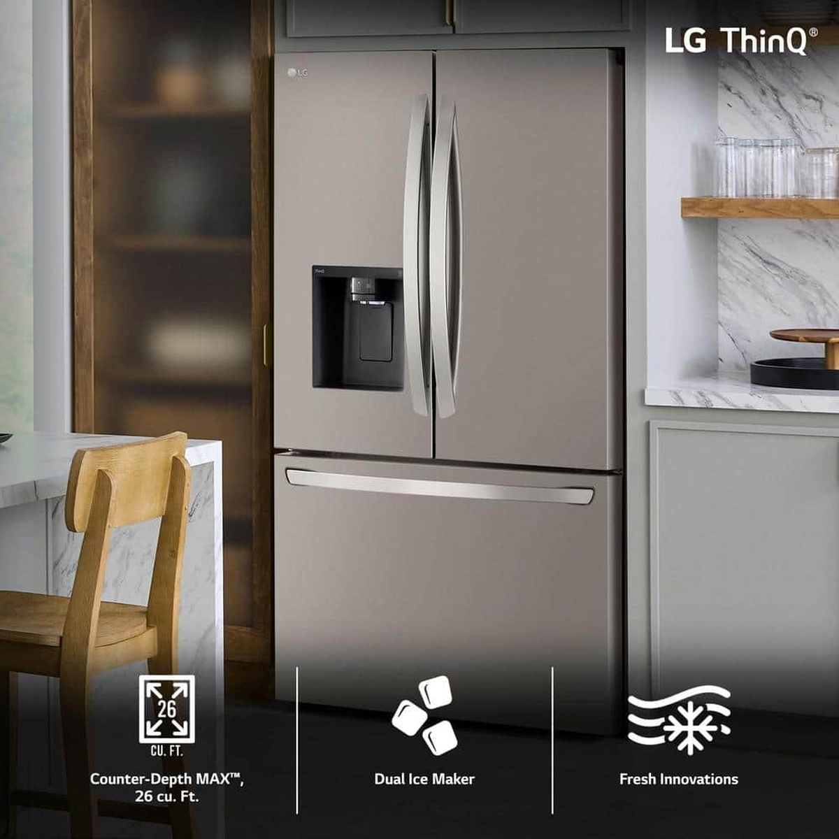 LG French door refrigerator in a modern kitchen with LG ThinQ branding and icons for 26 cu. ft. capacity and dual ice maker