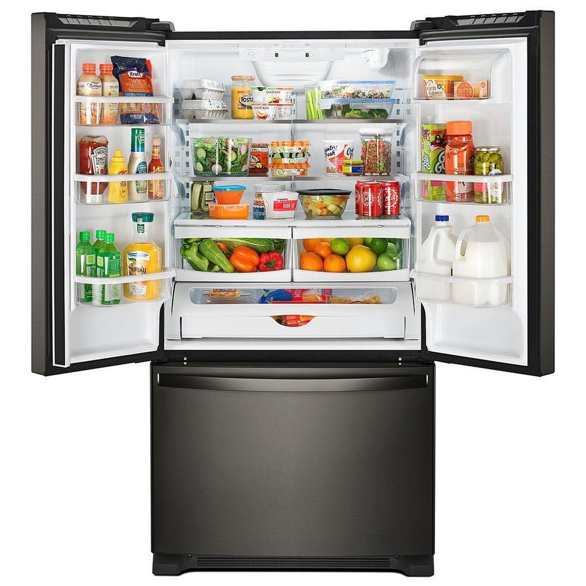 Open Whirlpool French door refrigerator showing shelves, door bins, crispers, and pantry drawer