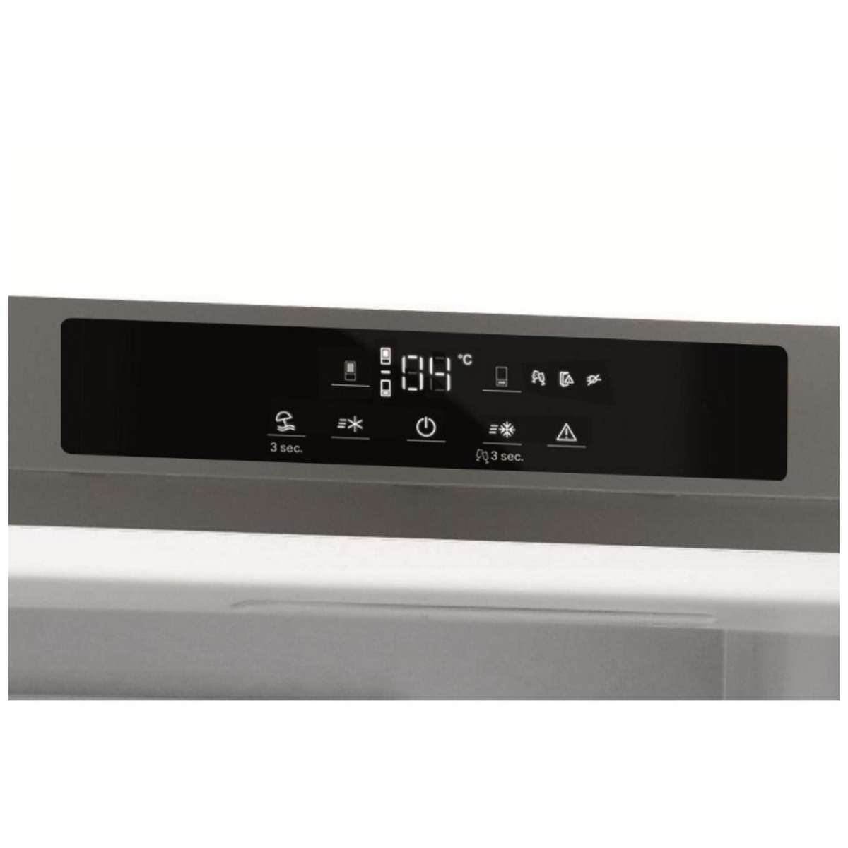 Close-up of the refrigerator's digital touch control panel with temperature display and icons