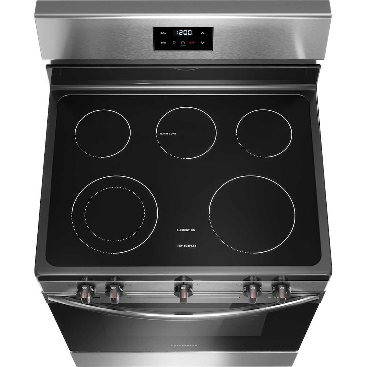 Angled top view of the Frigidaire electric range showing a black glass radiant cooktop with five marked heating zones