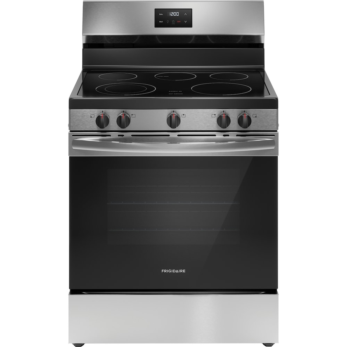 Front view of a Frigidaire stainless steel freestanding electric range with smooth black cooktop, five knobs, and a backguard digital display