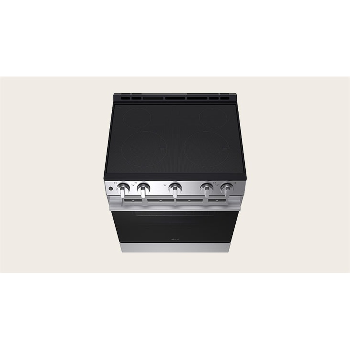 Top view of an LG slide-in electric range showing a smooth black glass cooktop with four radiant elements and front control knobs