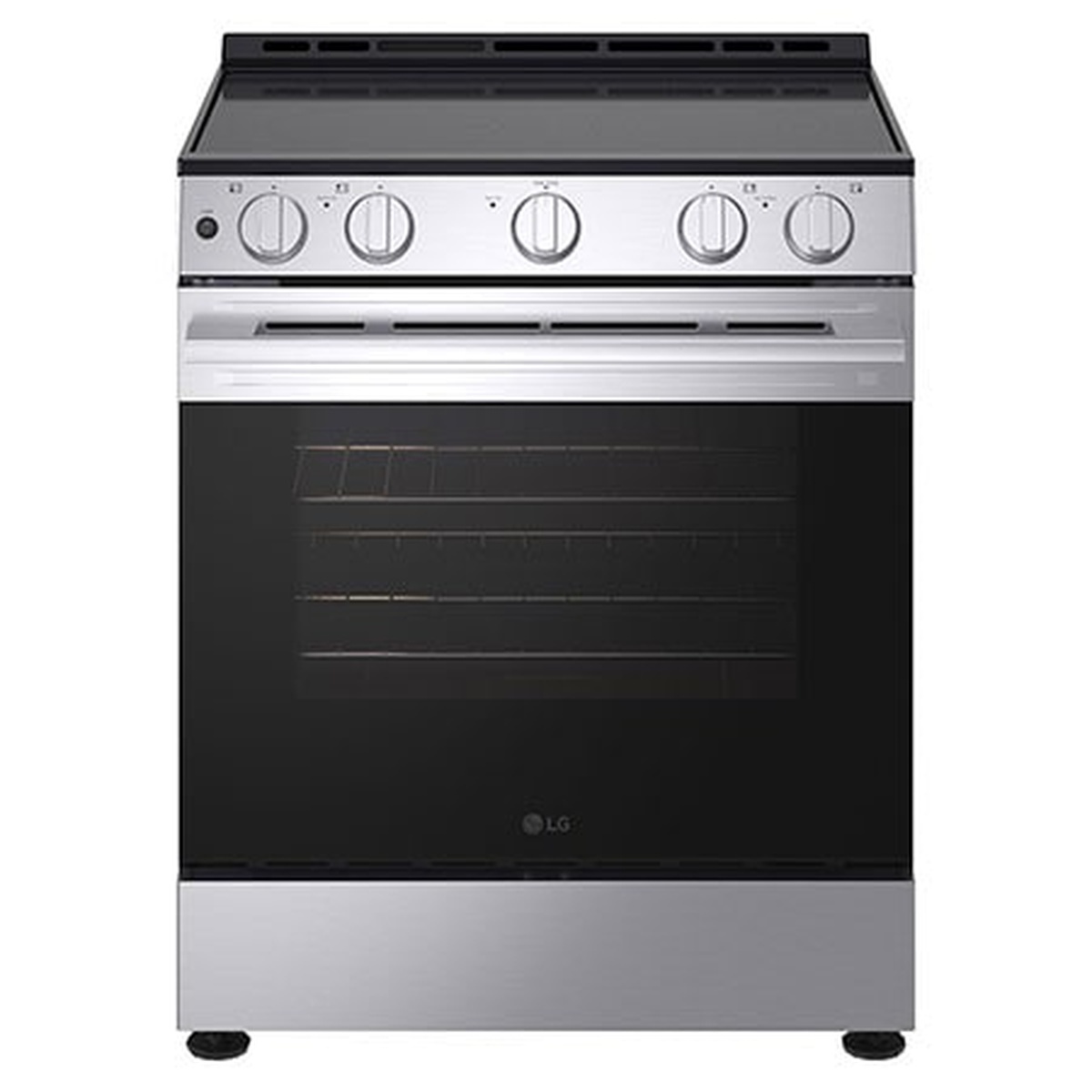 Front view of an LG stainless steel slide-in electric range with knob controls and a large oven window