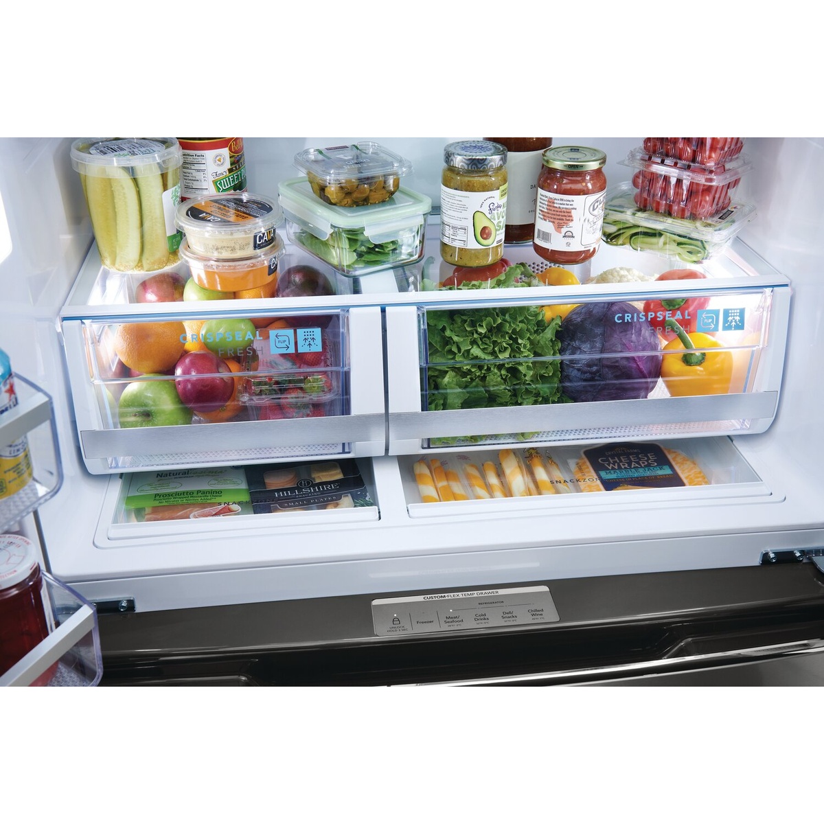 Interior view showing CrispSeal Fresh crisper drawers and the Custom-Flex Temp Drawer control panel