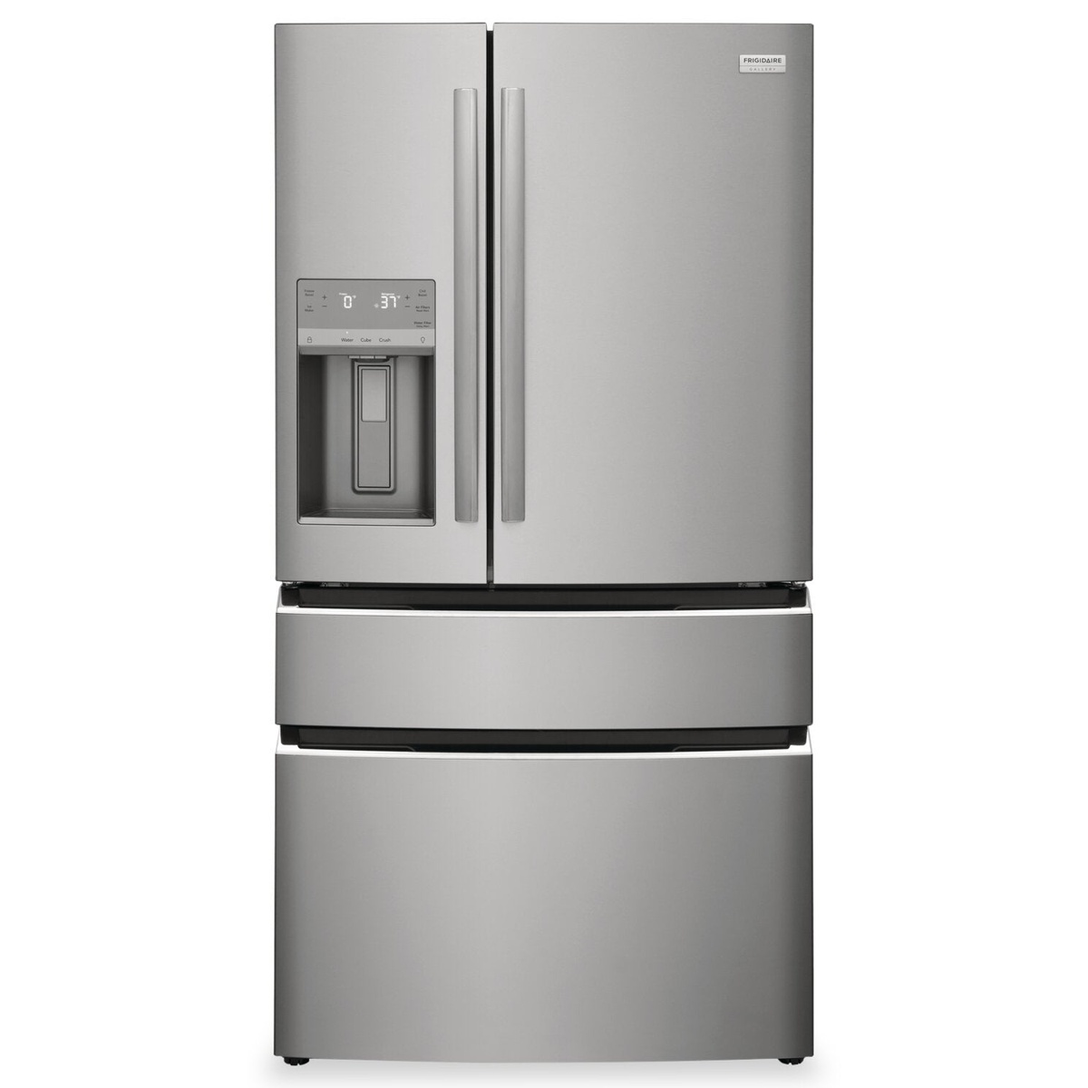 Front view of the Frigidaire Gallery 4-door French-door refrigerator with exterior ice and water dispenser