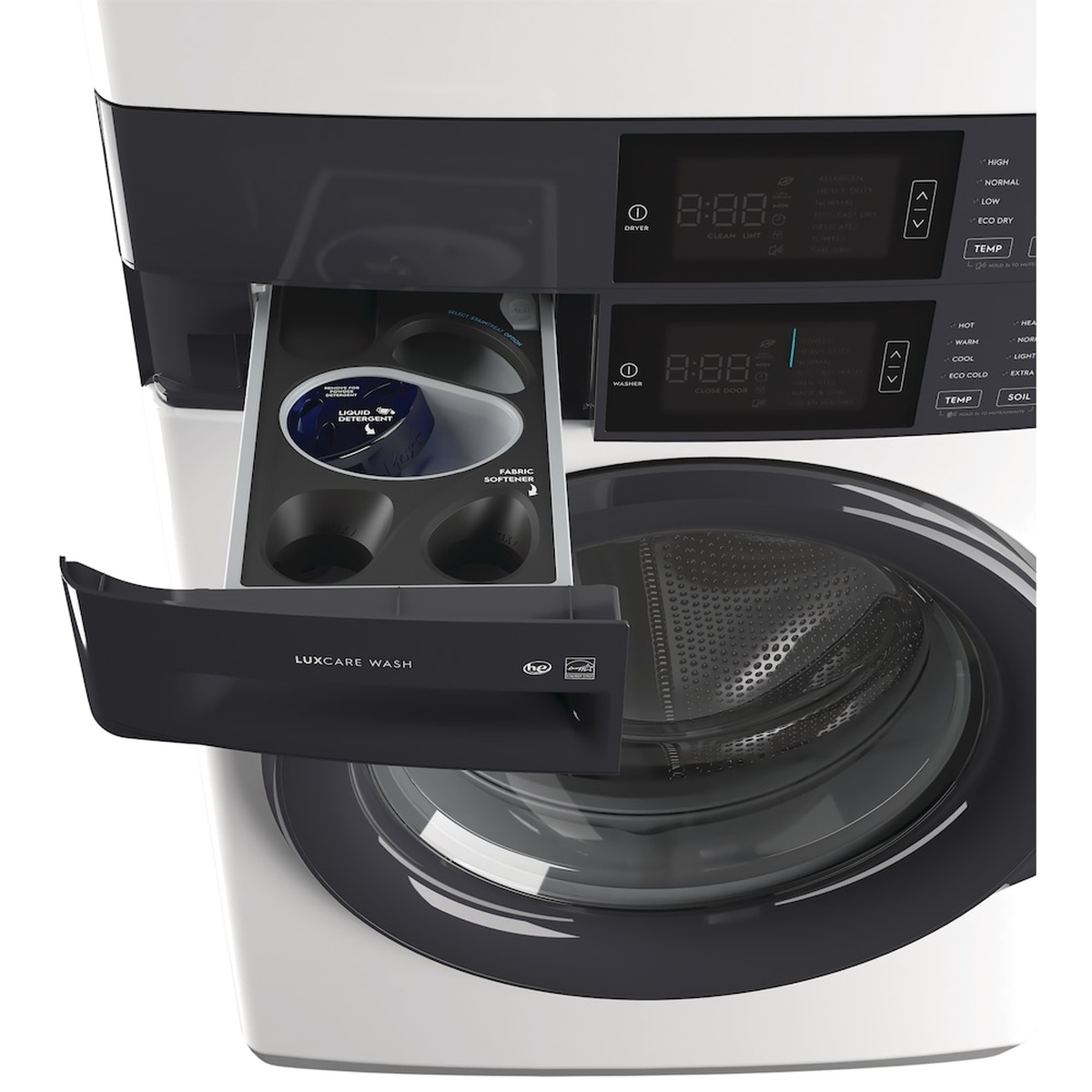 Close-up of the Electrolux Laundry Tower mid-mounted controls and pulled-out detergent dispenser drawer
