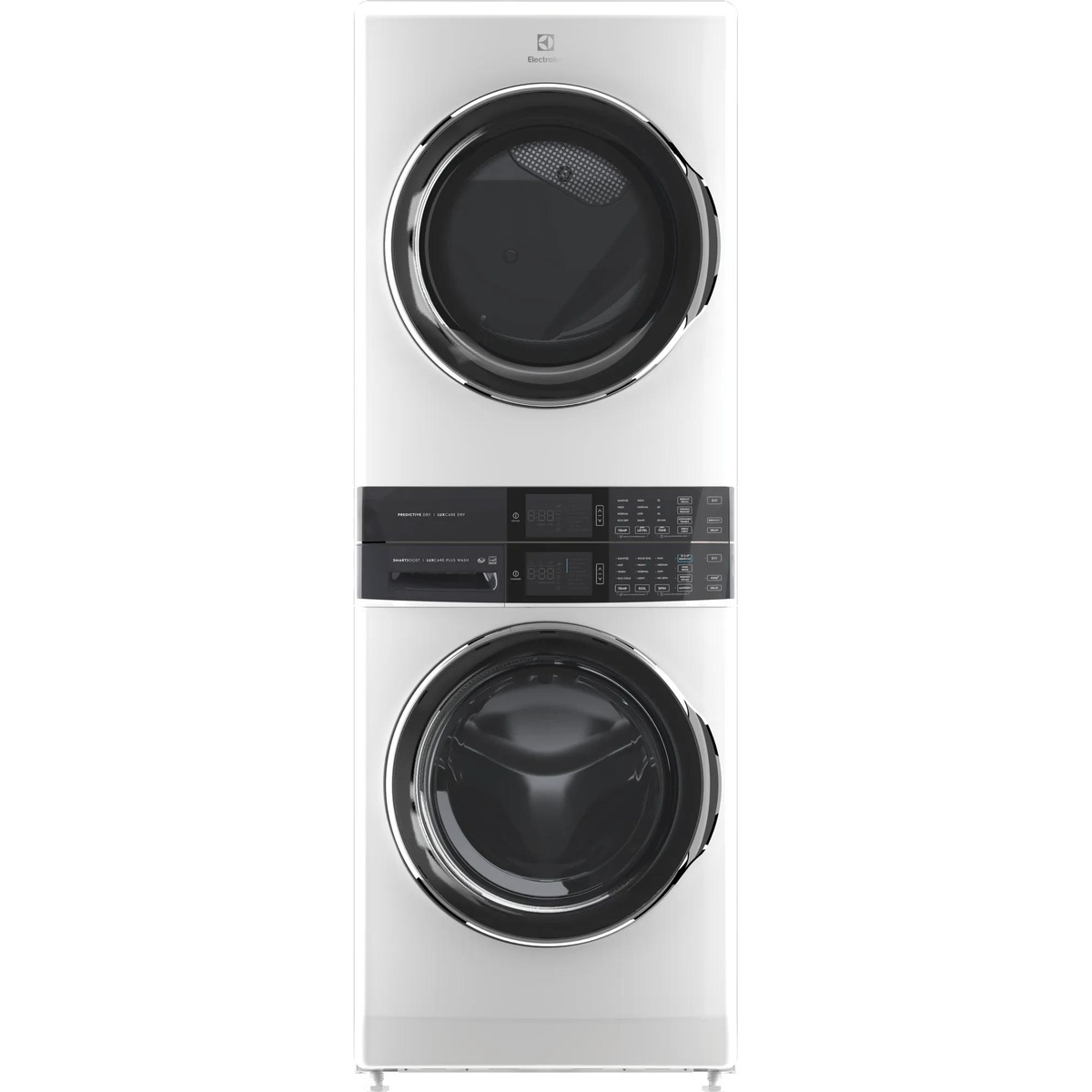 Front view of a white Electrolux laundry tower with stacked dryer and washer doors and a central control panel