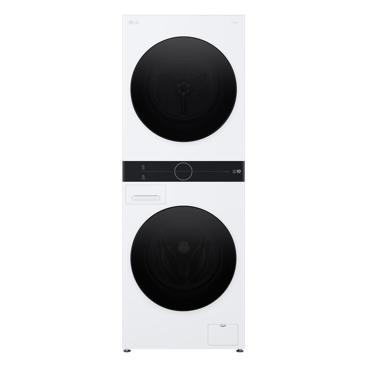 Front view of the white LG WashTower stacked washer and dryer with black-tinted doors