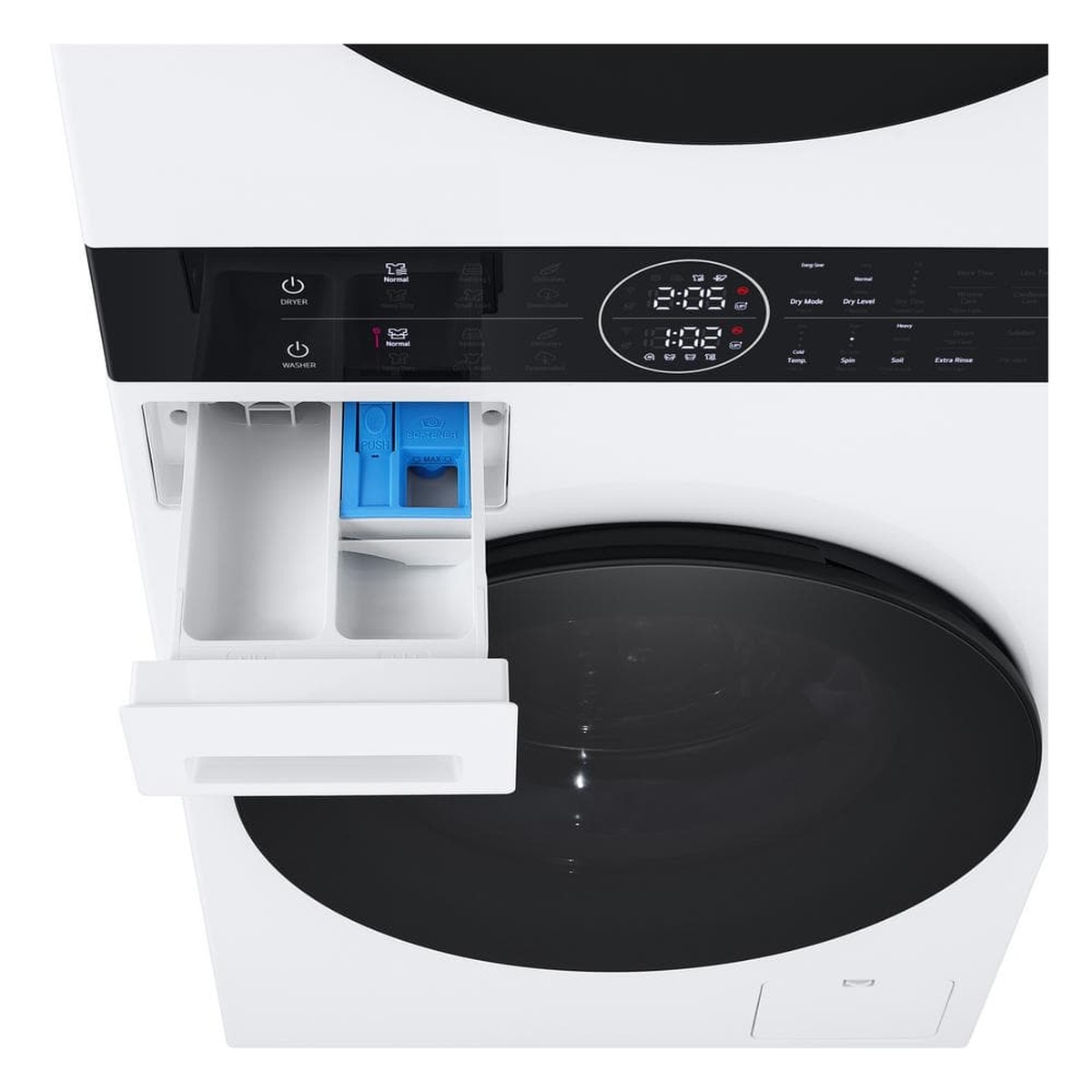 Close-up of the LG WashTower center control panel with the detergent dispenser drawer open