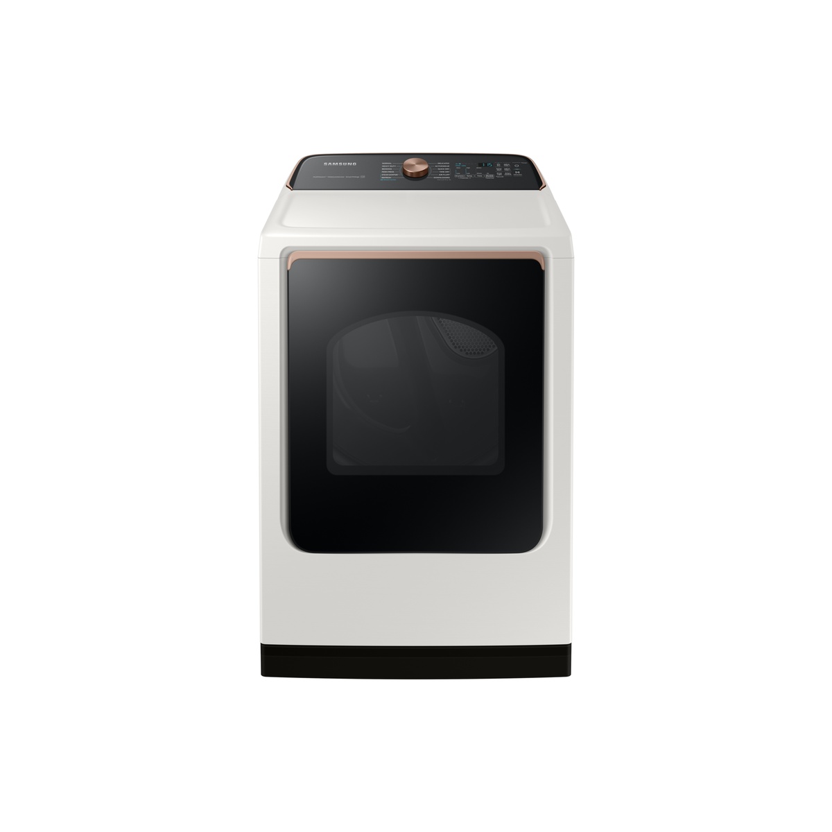 Front view of the Samsung DVE55A7300E/AC dryer in ivory white with a large dark-tinted door and top control panel