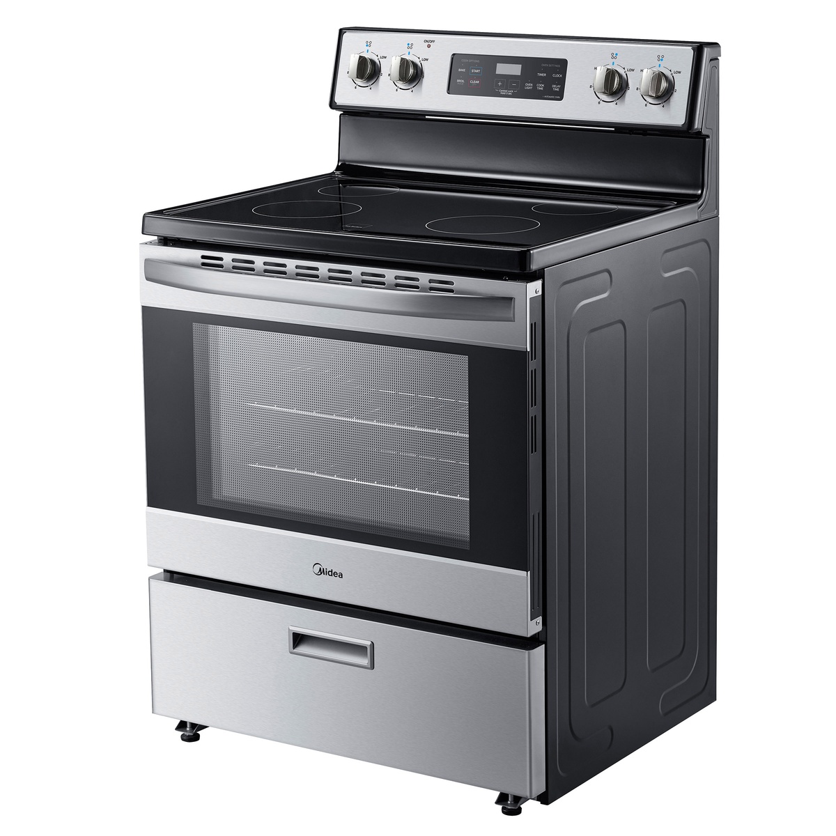 Angled view of the Midea freestanding electric range showing the smooth cooktop, control panel, oven door, and lower storage drawer
