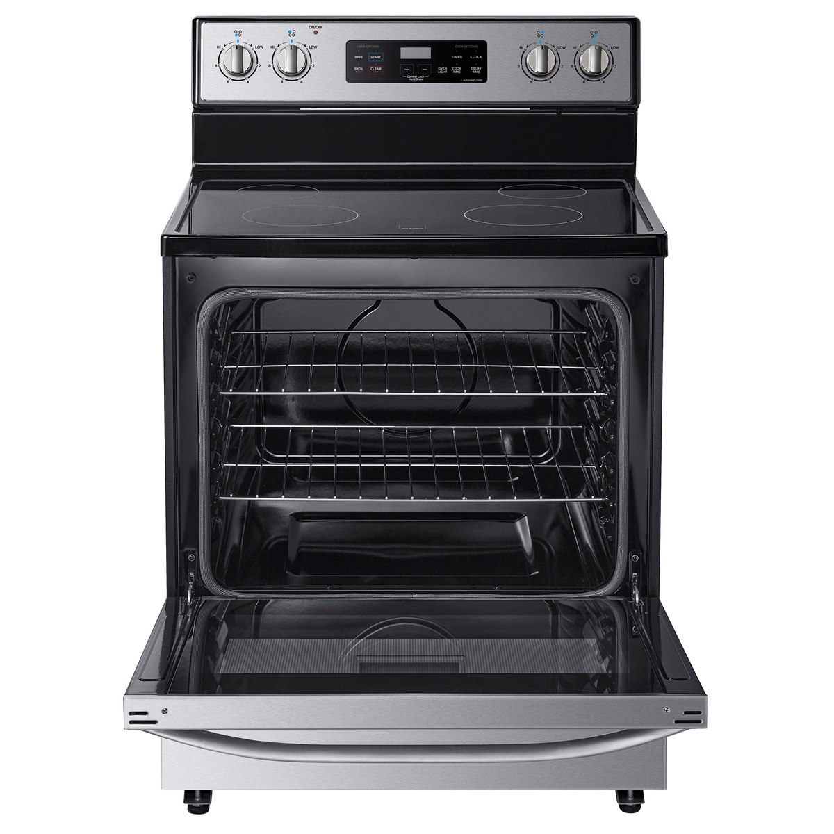 Midea electric range with the oven door open, showing the oven cavity with two wire racks