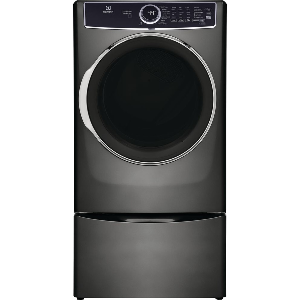 Front view of an Electrolux titanium front-load electric dryer with digital display and control panel