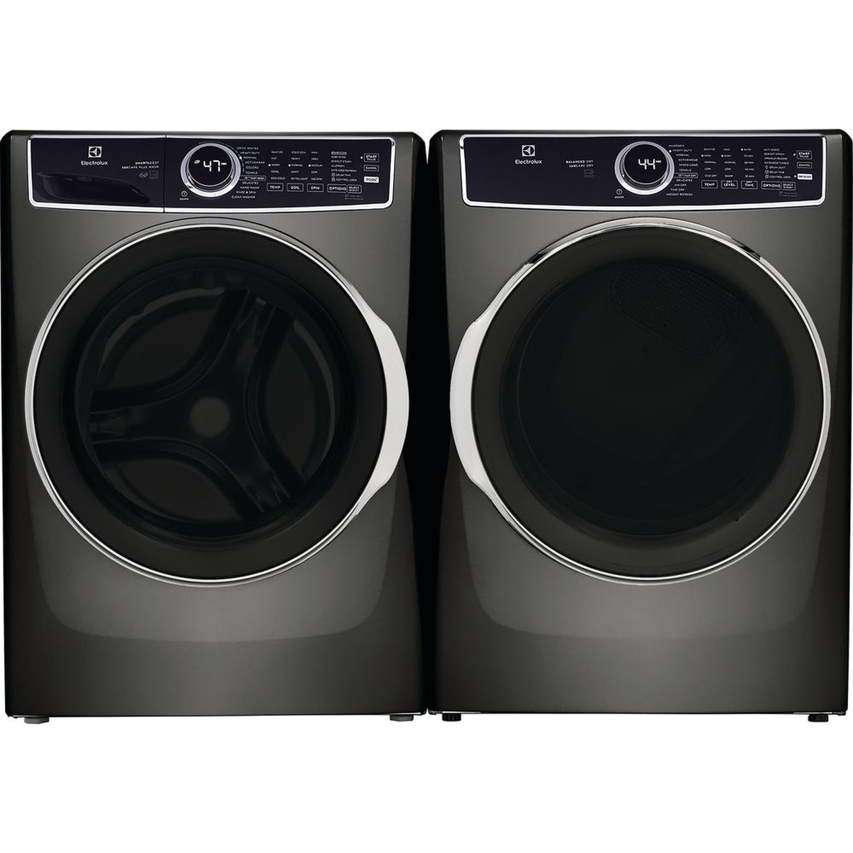 Matching Electrolux front-load washer and dryer set in titanium finish
