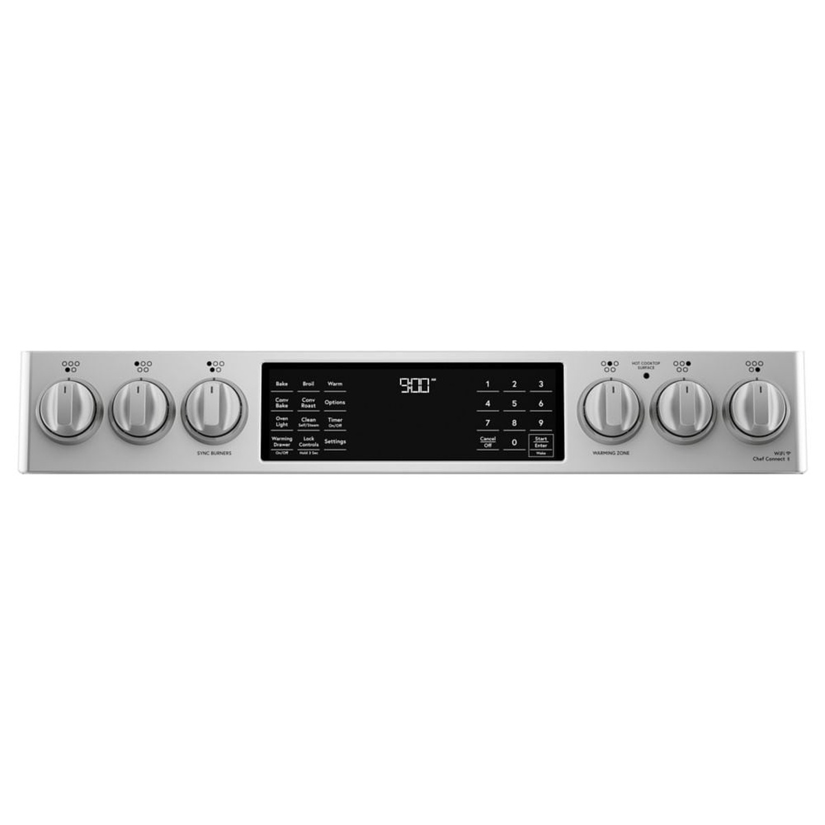 Close-up of the Café range front control panel with rotary knobs, a central digital display, and WiFi and warming zone labels