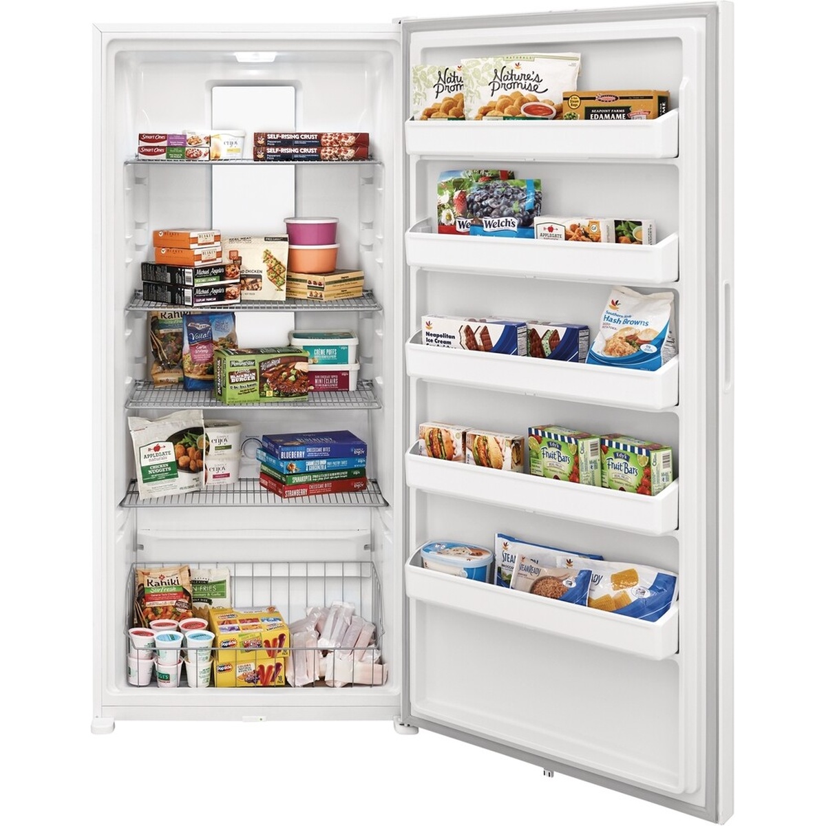 Open upright freezer showing multiple wire shelves, a deep bottom basket, and several full-width door bins filled with frozen food.