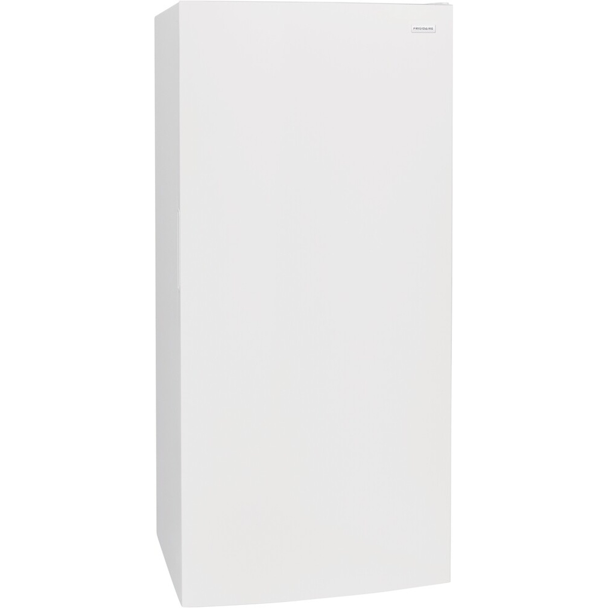 Angled front view of a white Frigidaire upright freezer with a clean flat door and a small Frigidaire badge near the top corner.