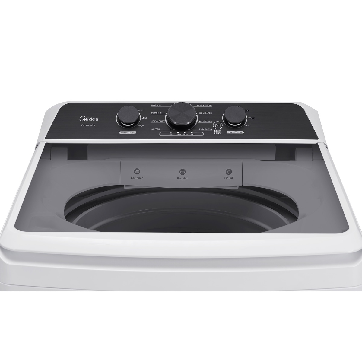 Close-up of the washer’s control panel with knobs for cycle selection, water level, and wash temperature plus labeled softener, powder, and liquid dispenser areas