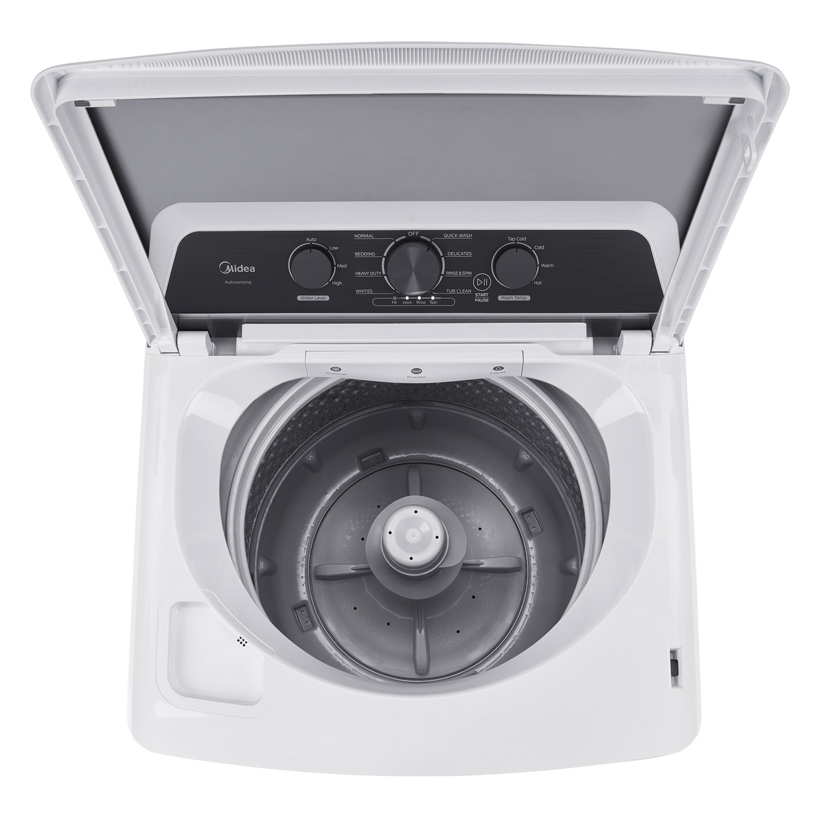 Top view of the Midea top-load washing machine with the lid open, showing the stainless steel tub and center agitator
