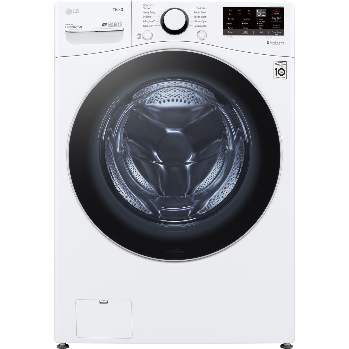 Front view of the white LG WM3600HWA front-load washer with cycle dial and digital display