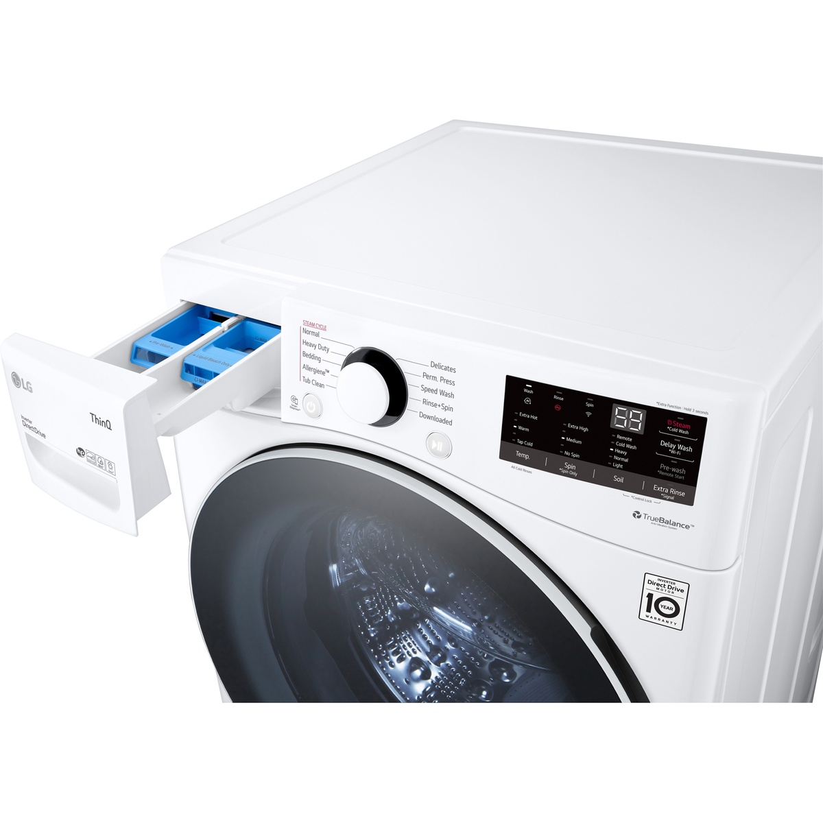 Angled view of the LG WM3600HWA washer with the detergent drawer pulled open showing multiple compartments