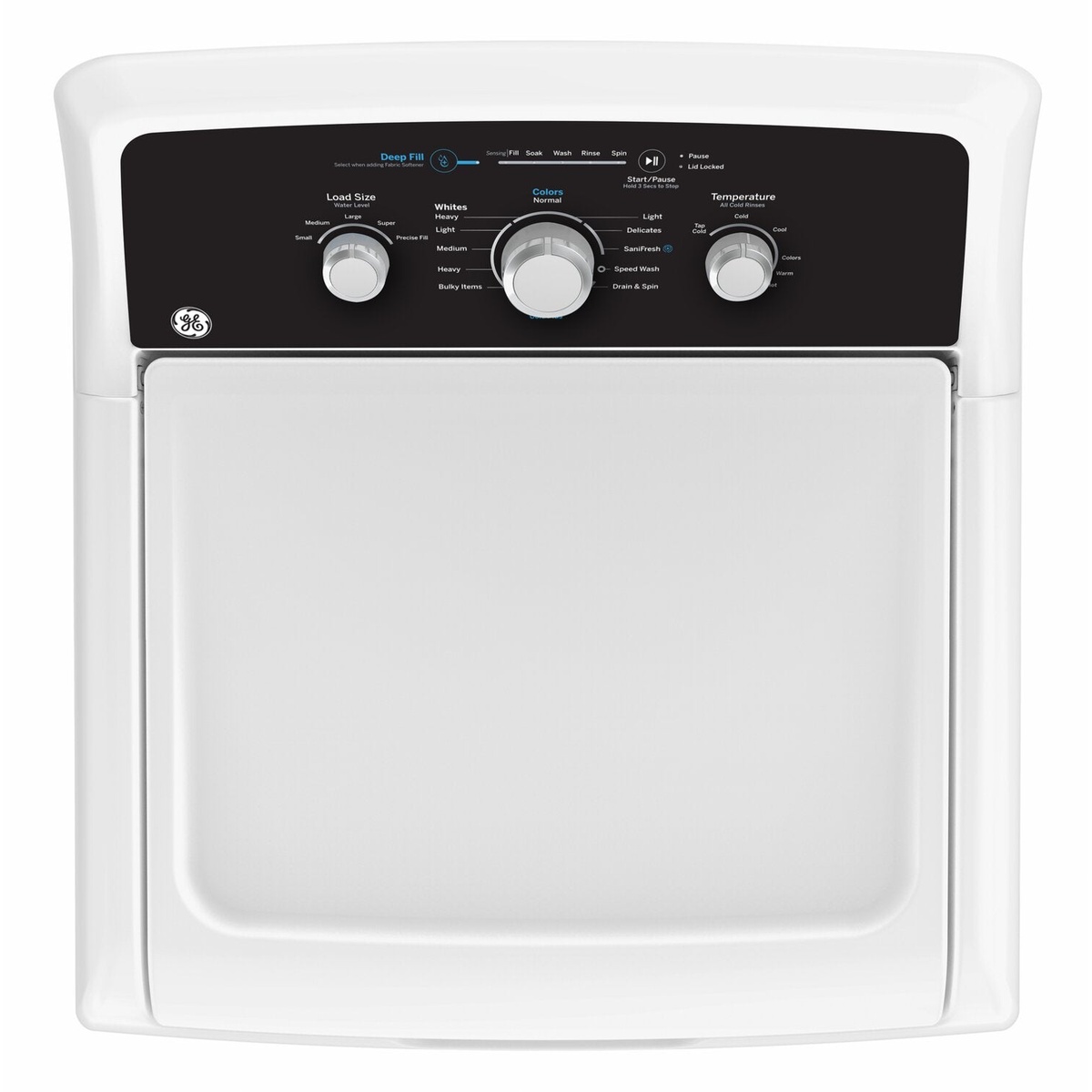 Top view of the GE GTW334BMRWS washer showing the black control panel with three knobs and cycle labels