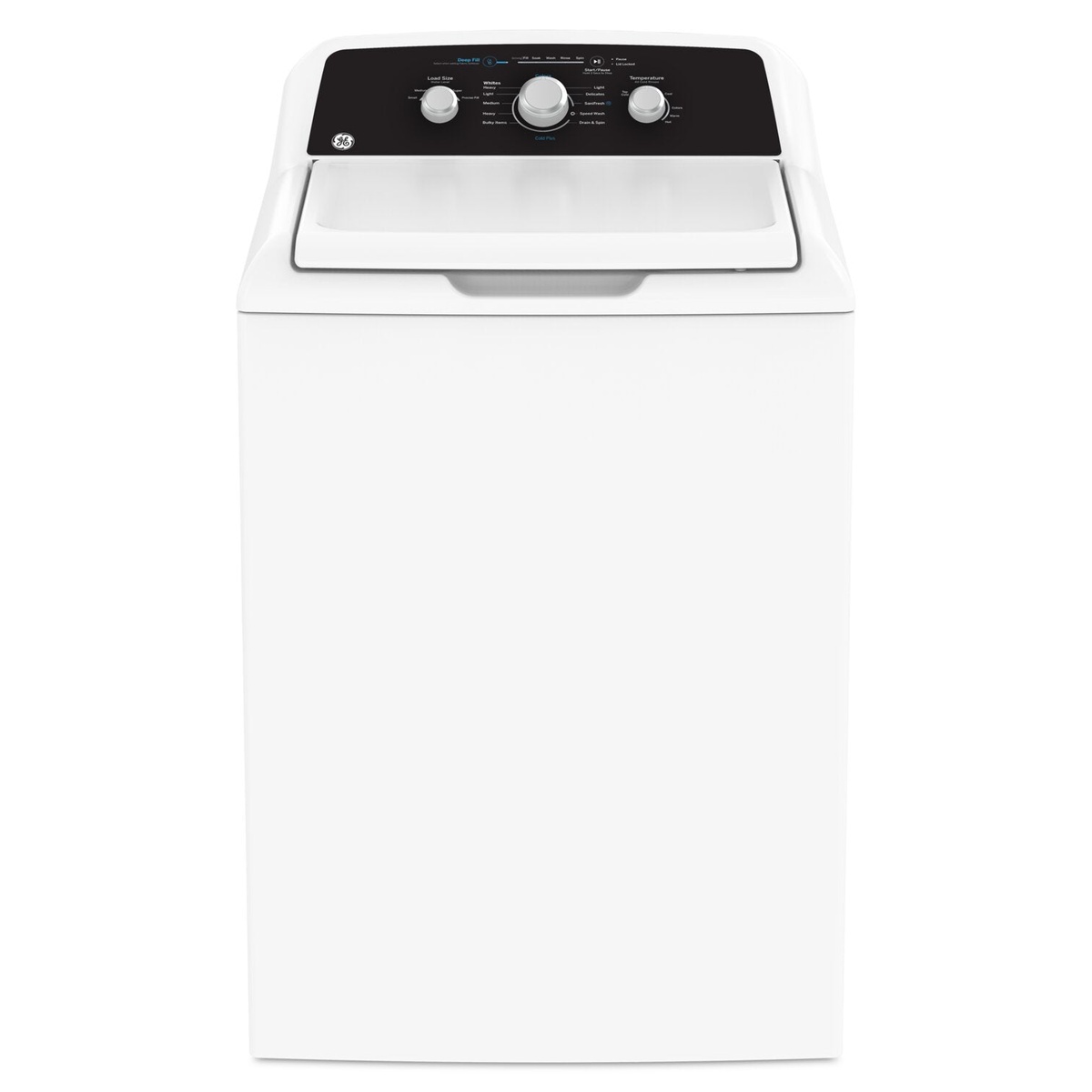 Front view of a white GE top-load washer with a black control panel