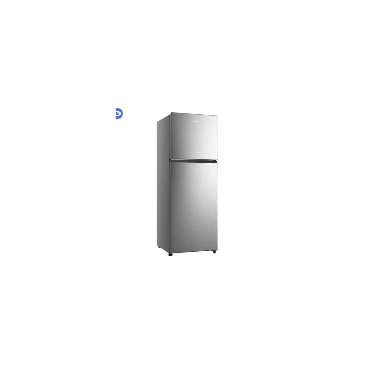 Angled front view of a stainless-look Hisense top-freezer refrigerator with recessed handles