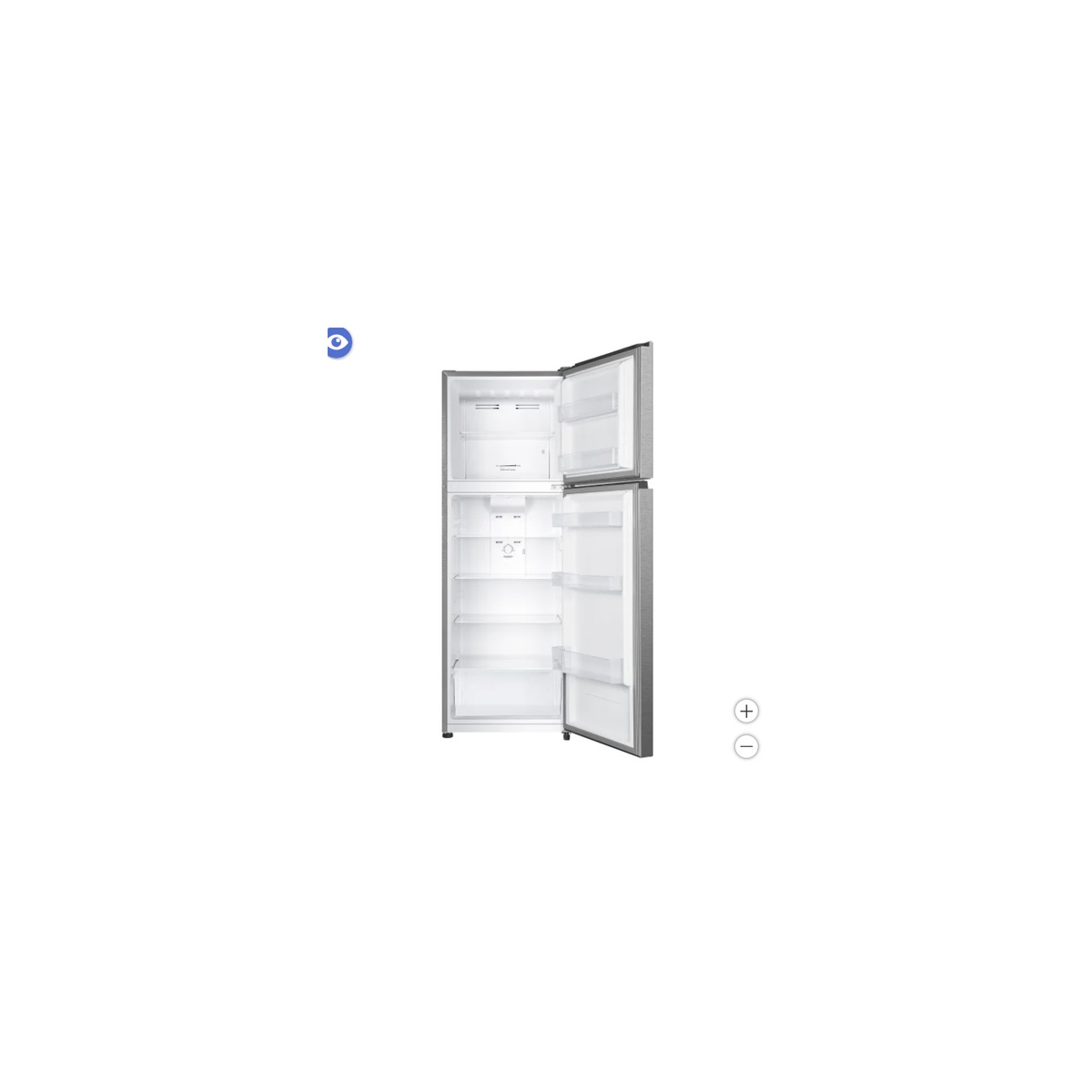 Hisense top-freezer refrigerator shown open with shelves and door bins