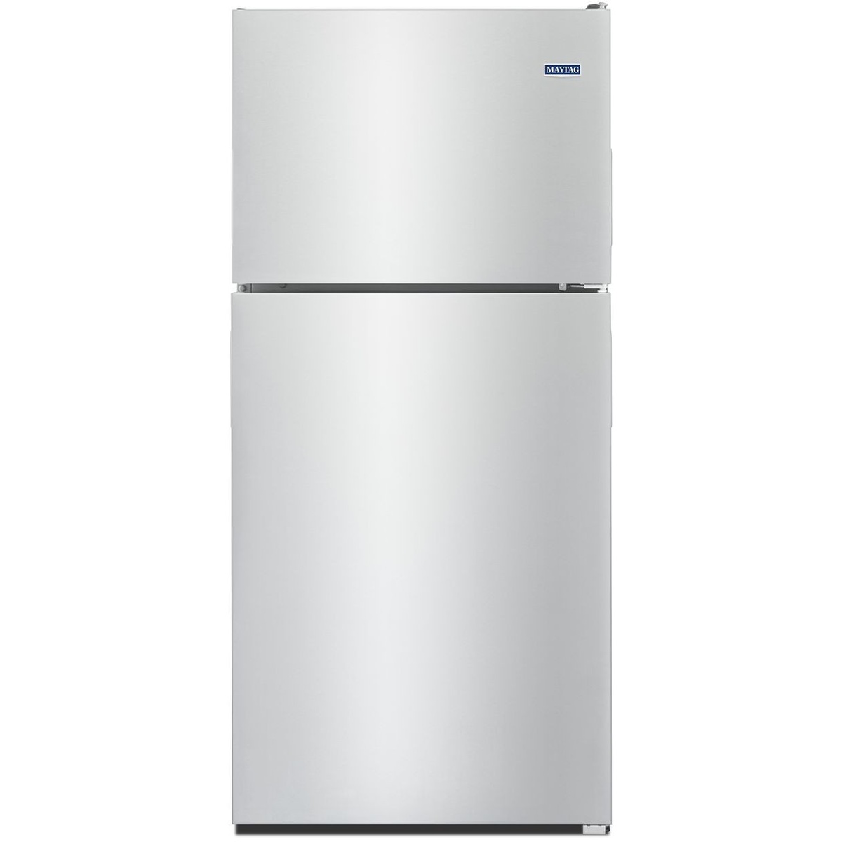 Front view of a Maytag top-freezer refrigerator with flat doors