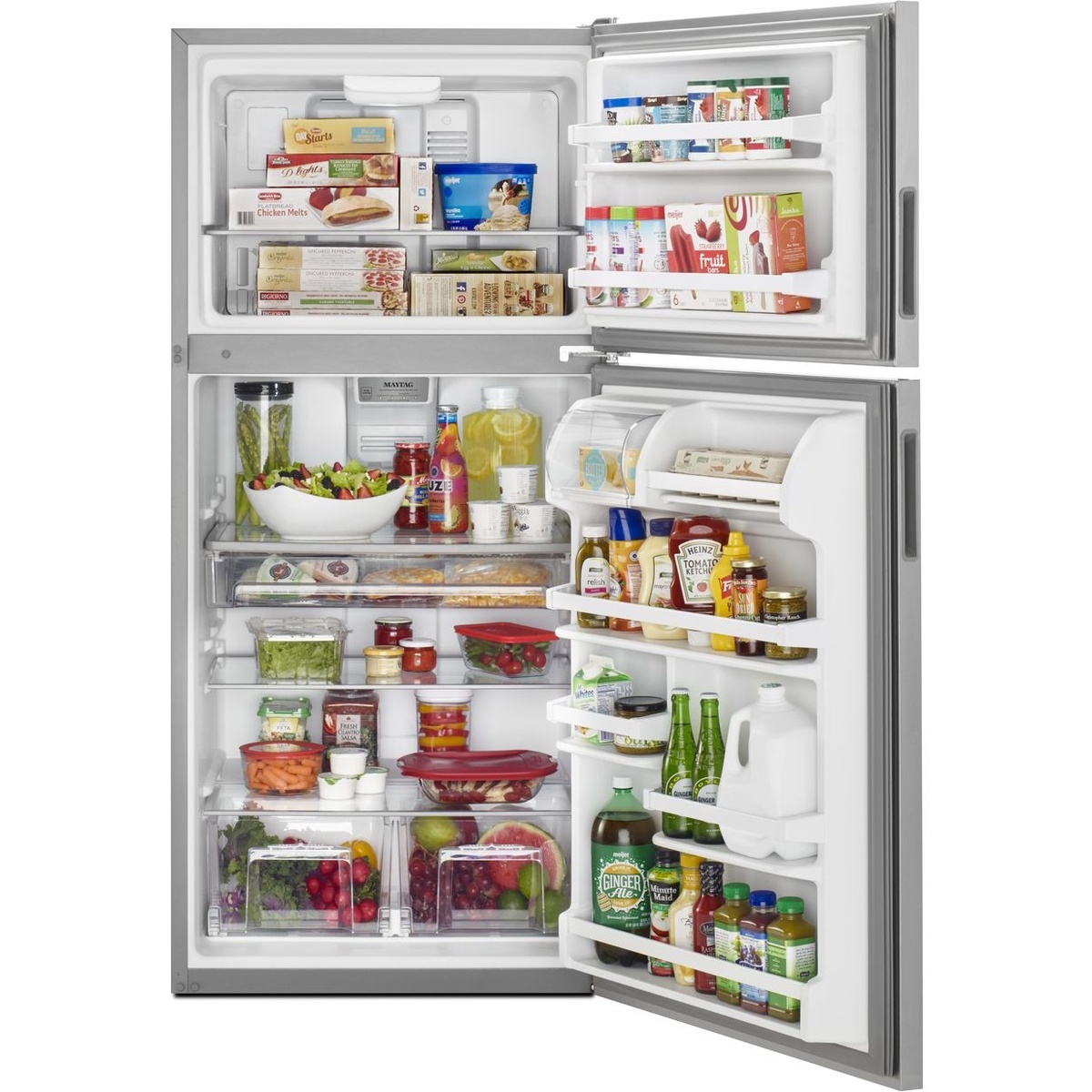 Maytag top-freezer refrigerator with both doors open and food loaded, showing glass shelves, produce drawers, and multiple door bins