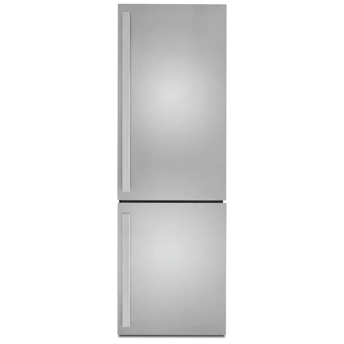Front view of a JennAir built-in bottom-freezer refrigerator with a flat, minimalist door design and long vertical handles