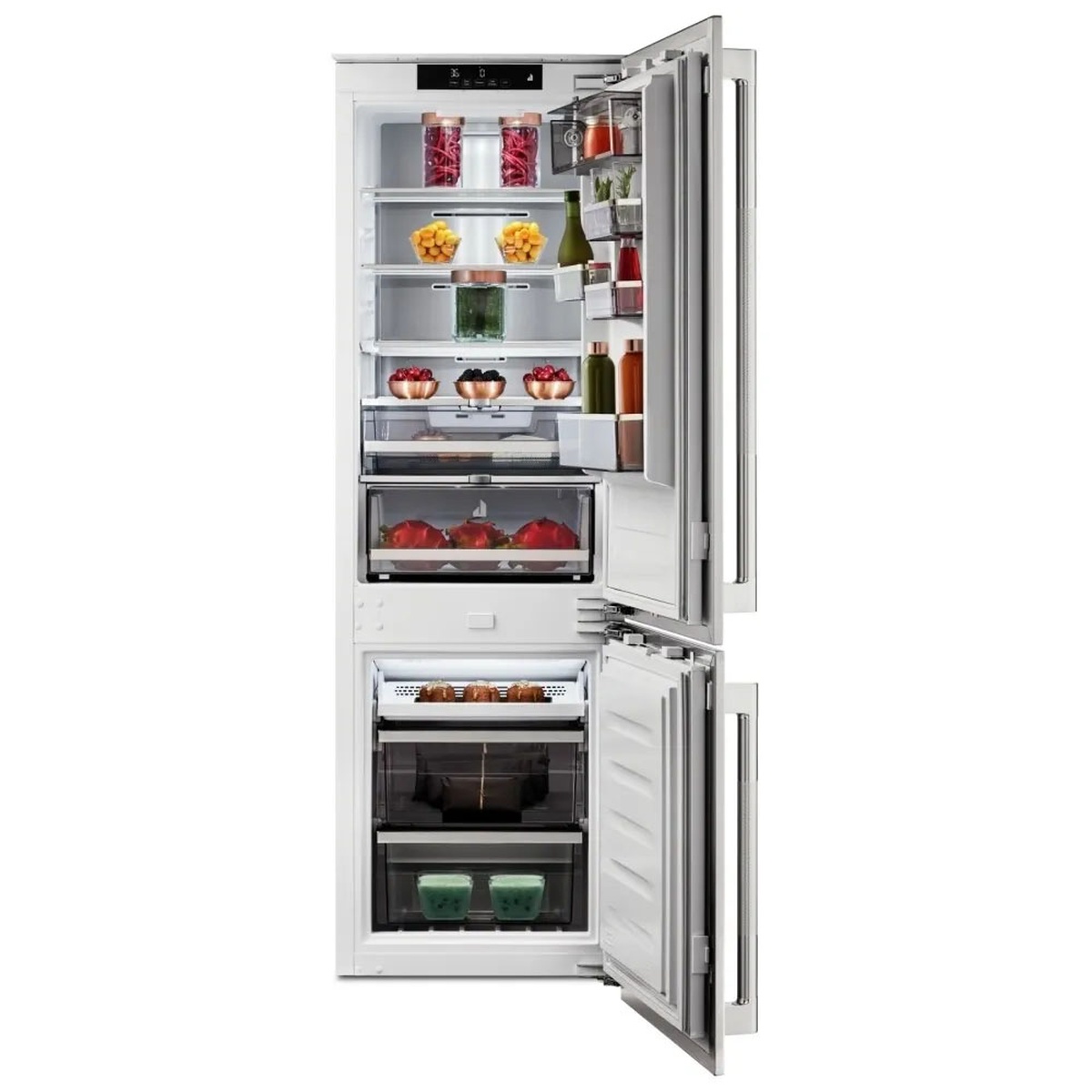 JennAir built-in refrigerator with doors open showing interior shelves, door bins, top control panel, and bottom freezer drawers