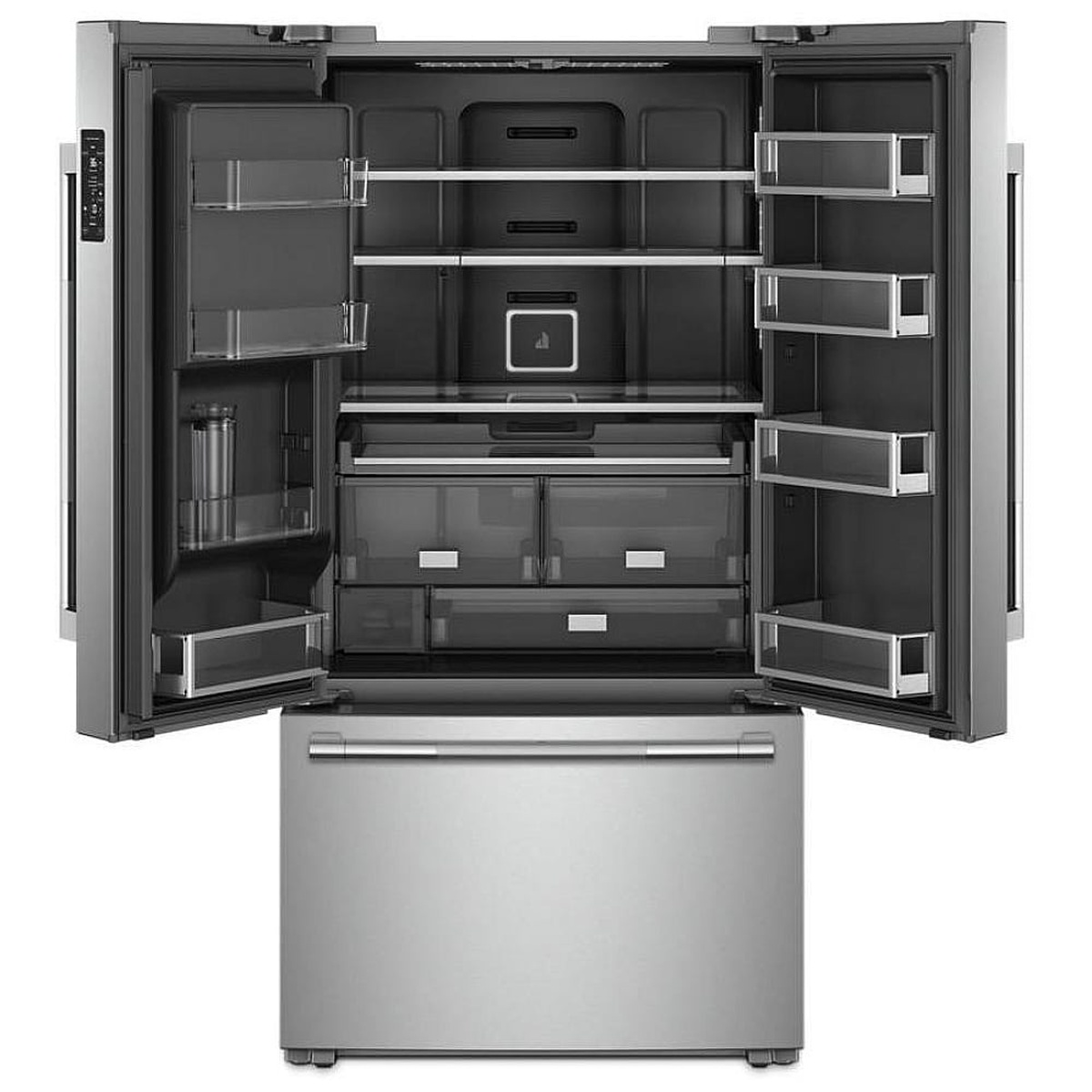 Open JennAir French door refrigerator showing a dark interior with adjustable shelves, door bins, and clear storage drawers