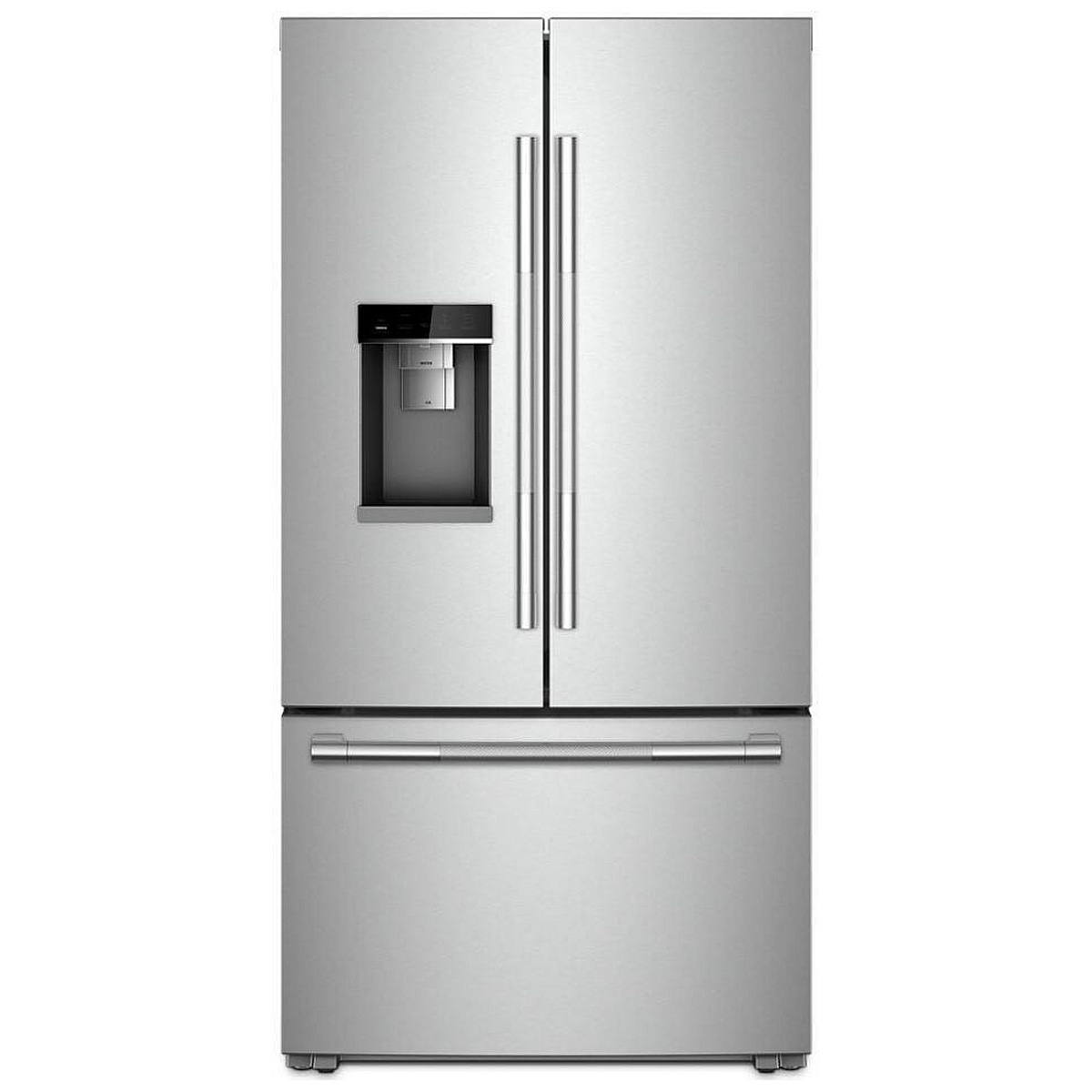 Front view of the JennAir stainless steel French door refrigerator with bar handles and an external water and ice dispenser