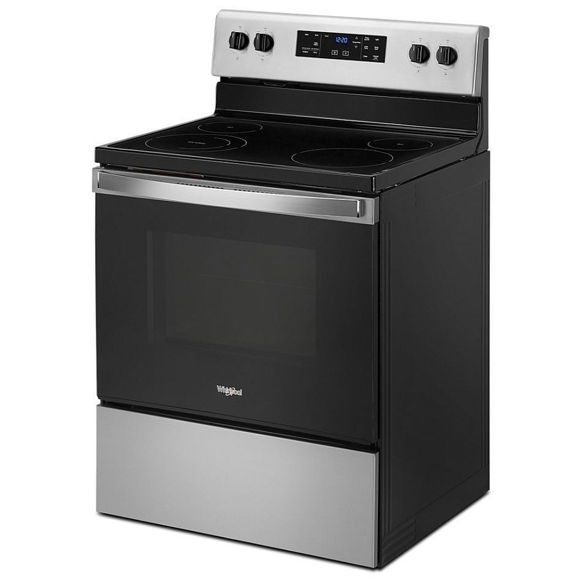 Angled view of a Whirlpool freestanding electric range with black glass cooktop and stainless front