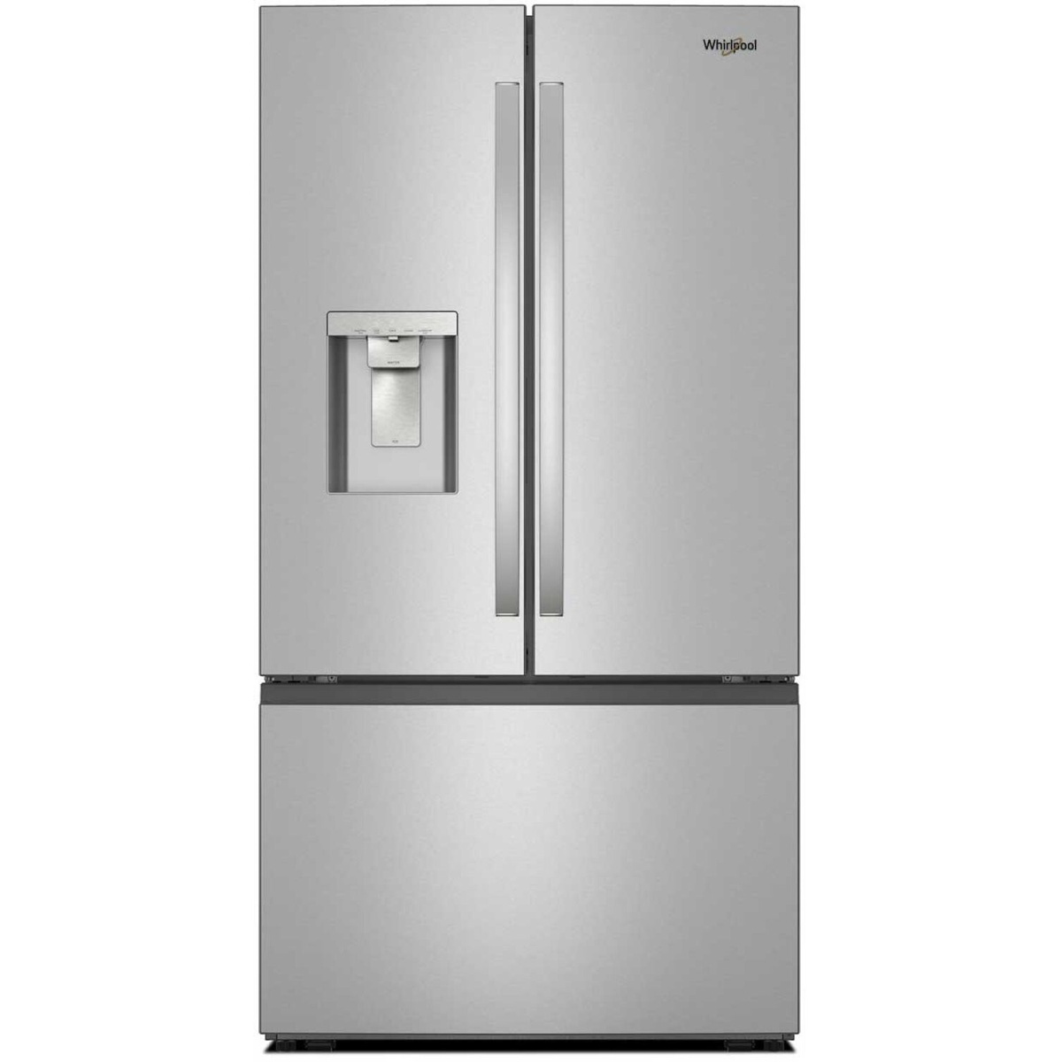 Front view of Whirlpool stainless steel French door refrigerator with external ice and water dispenser