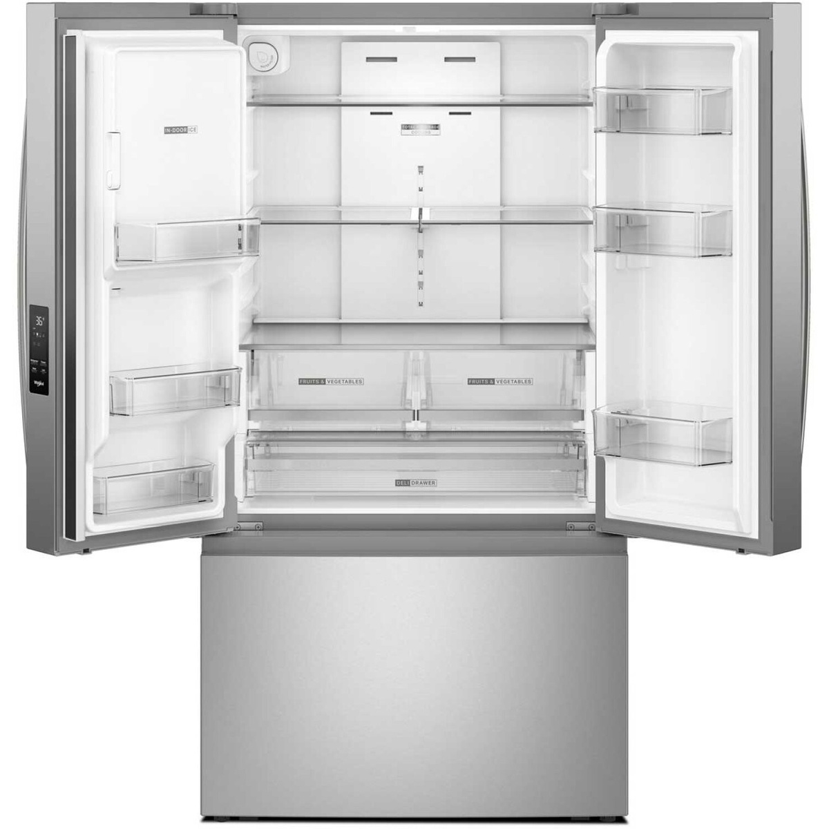 Interior of Whirlpool WRFF3536SZ refrigerator showing adjustable glass shelves, wide door bins, two produce drawers, deli drawer, and in-door ice compartment