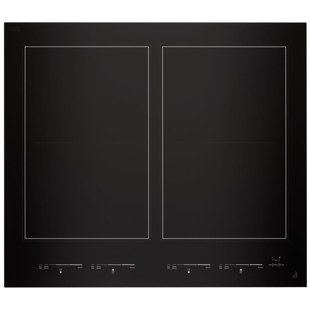 Top view of a JennAir black glass induction cooktop with two large rectangular cooking areas and front controls