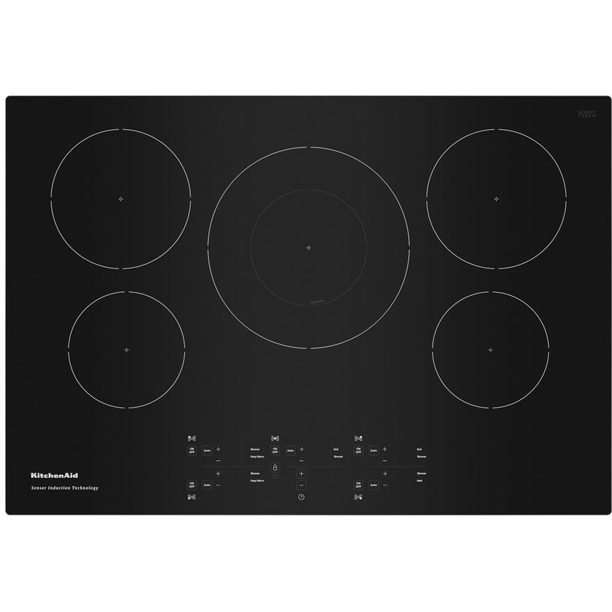 Top view of a black KitchenAid induction cooktop with five circular cooking zones and front touch controls
