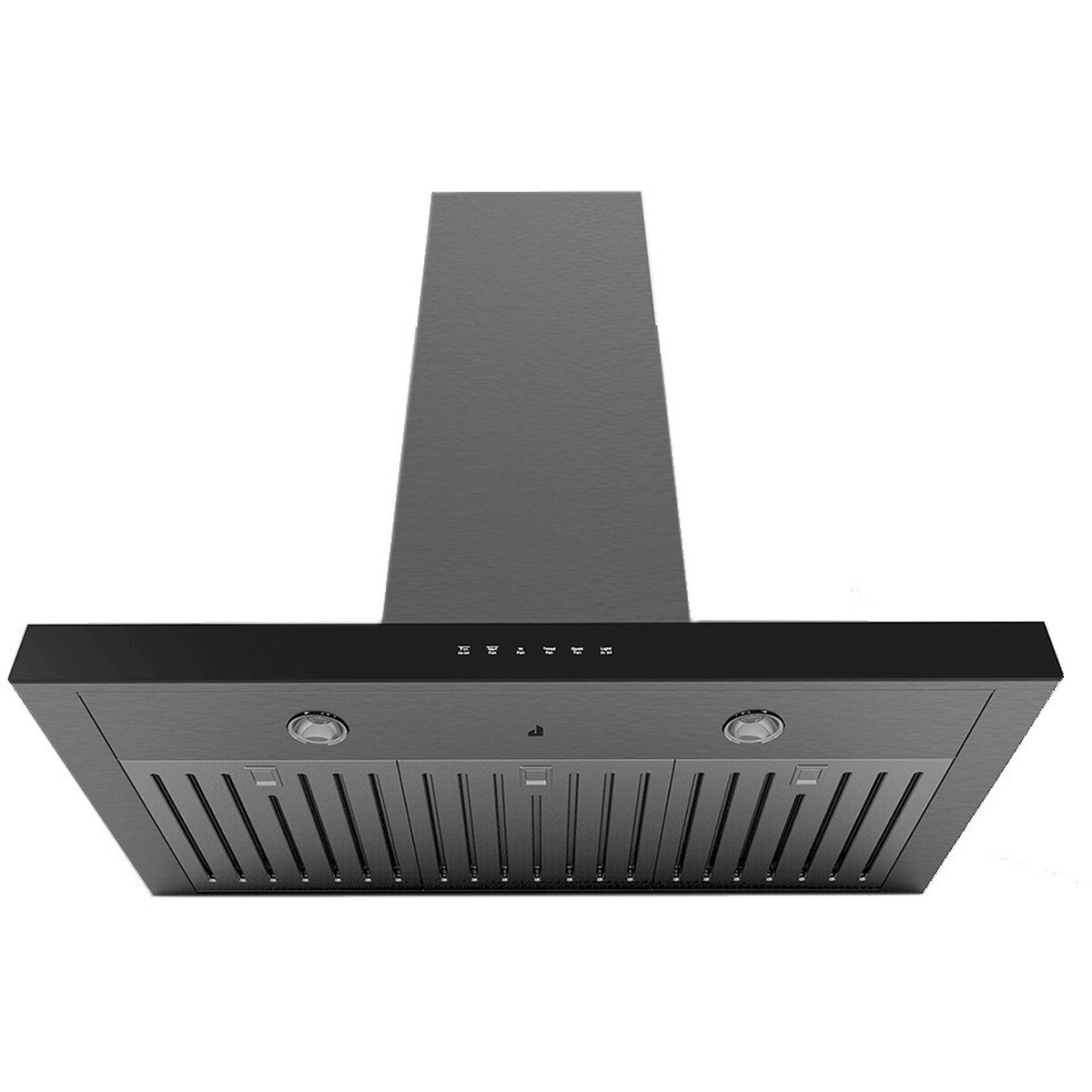 Underside view of the JennAir wall-mount canopy hood showing two round LED lights, baffle-style filter panels, and the front touch control icons