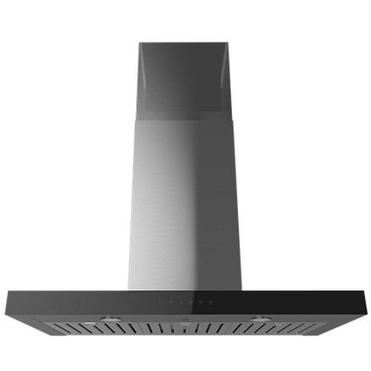 Front view of the JennAir 30-inch wall-canopy range hood with stainless finish and chimney-style tower