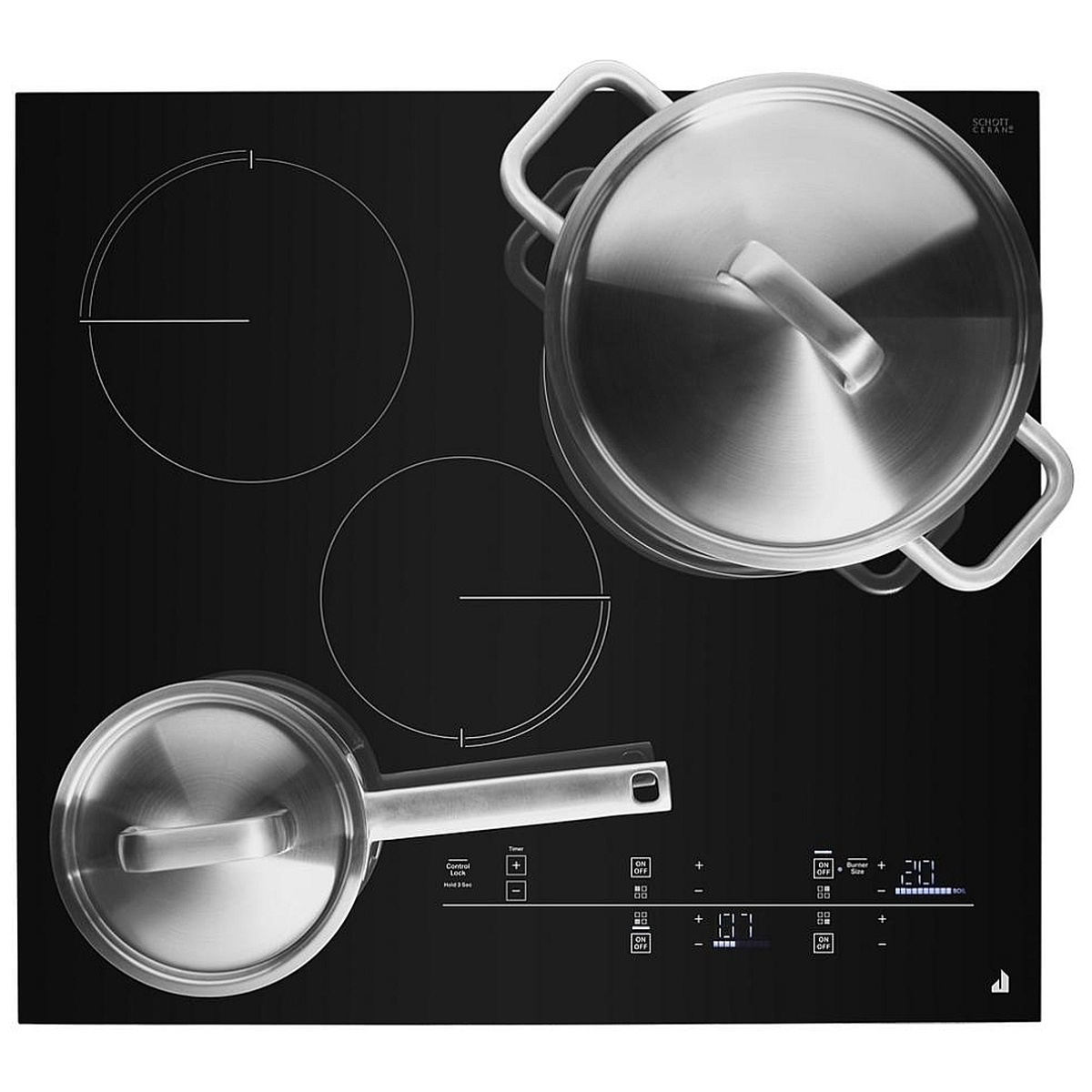 Top view of a black glass JennAir electric cooktop with cookware on the surface and front touch controls lit up