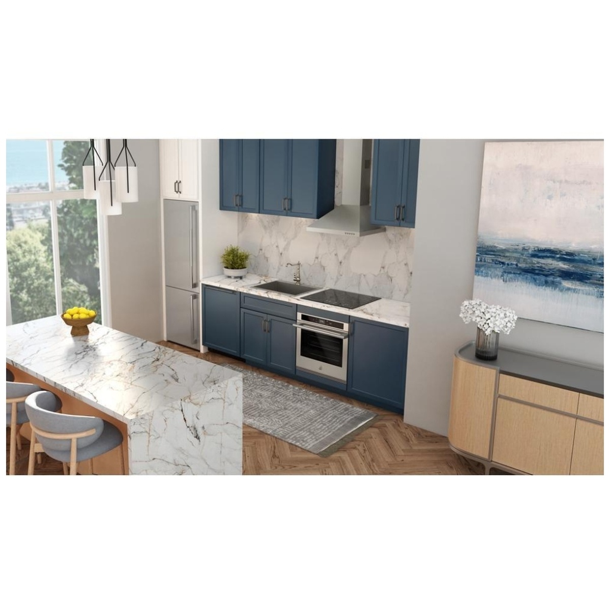 Modern kitchen with a black electric cooktop installed in a countertop above a built-in wall oven