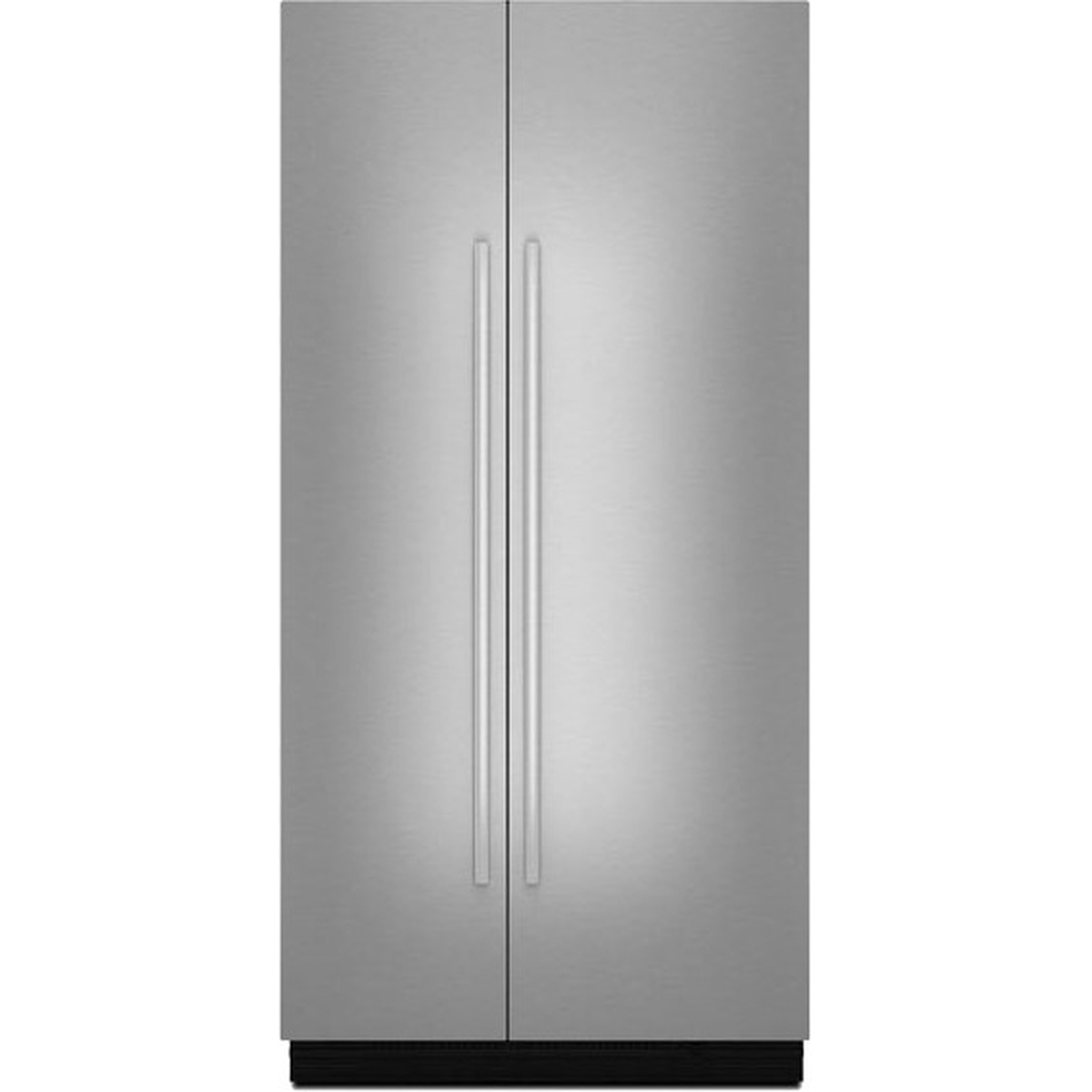 Front view of a JennAir built-in side-by-side stainless panel set with two tall vertical handles and a bottom grille